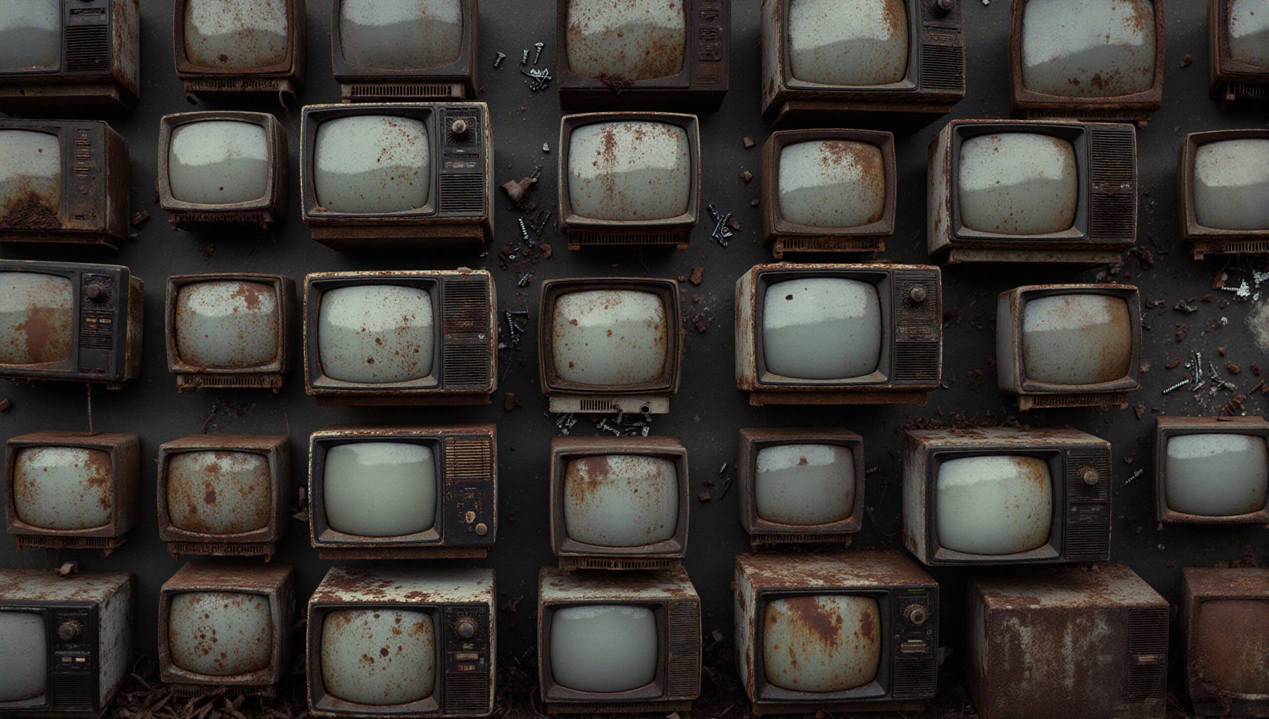 An array of rusty, vintage televisions stacked against a dark backdrop, showcasing signs of decay and nostalgia.