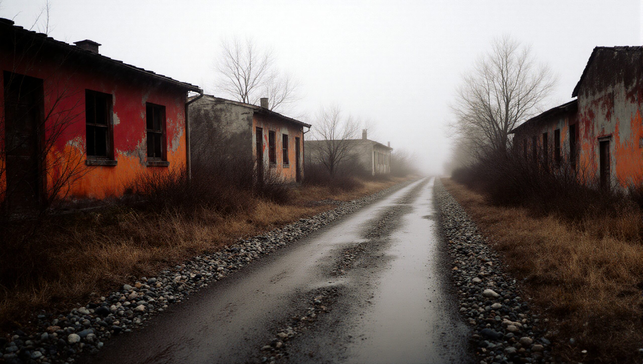Foggy gravel road with abandoned, colorful buildings and leafless trees in a desolate, misty landscape.