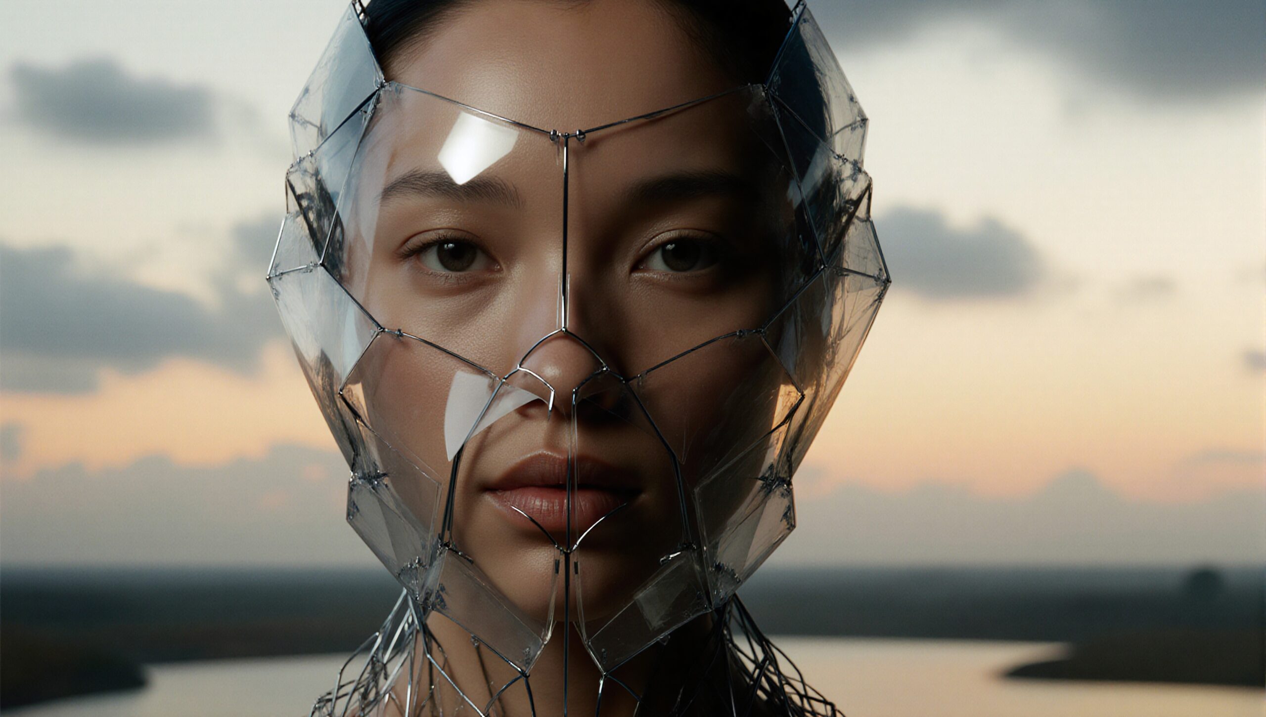 A futuristic mask blends with a serene sunset background, uniting human and nature.