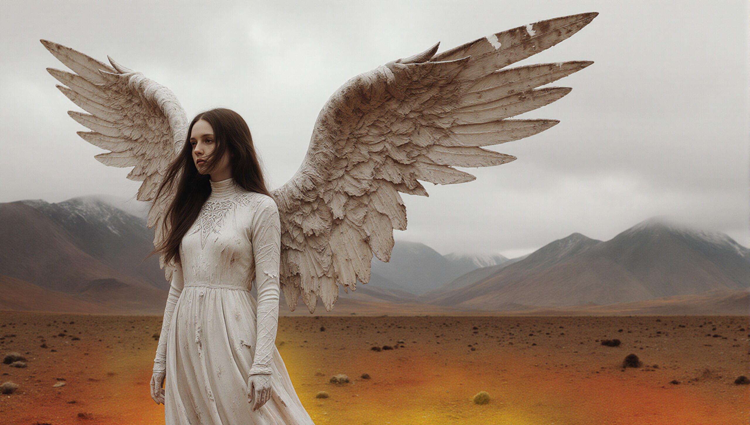 A serene woman in white with large wings standing in a barren desert landscape under a cloudy sky, creating an ethereal and mystical atmosphere.