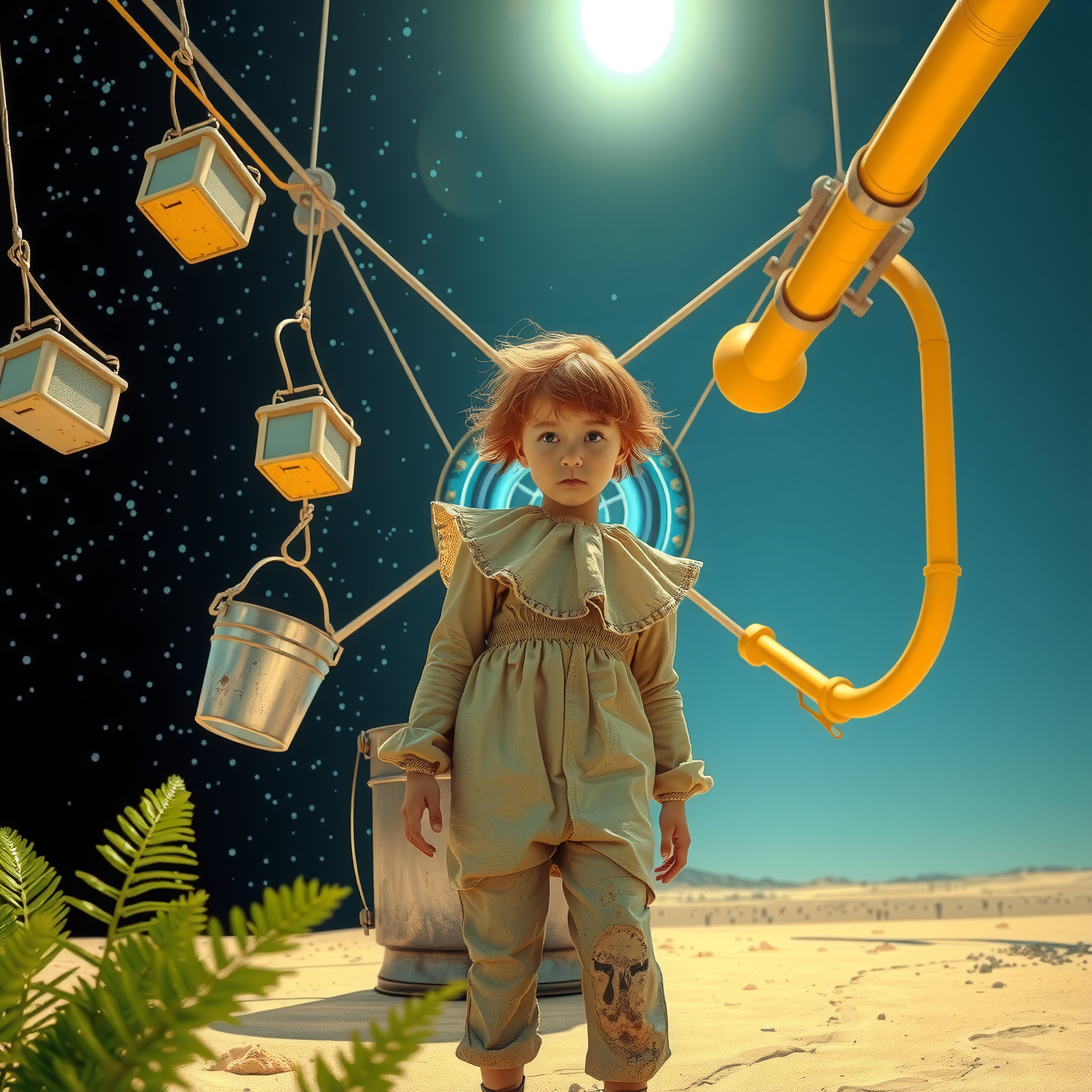 Young child in vintage outfit explores surreal starry desert.