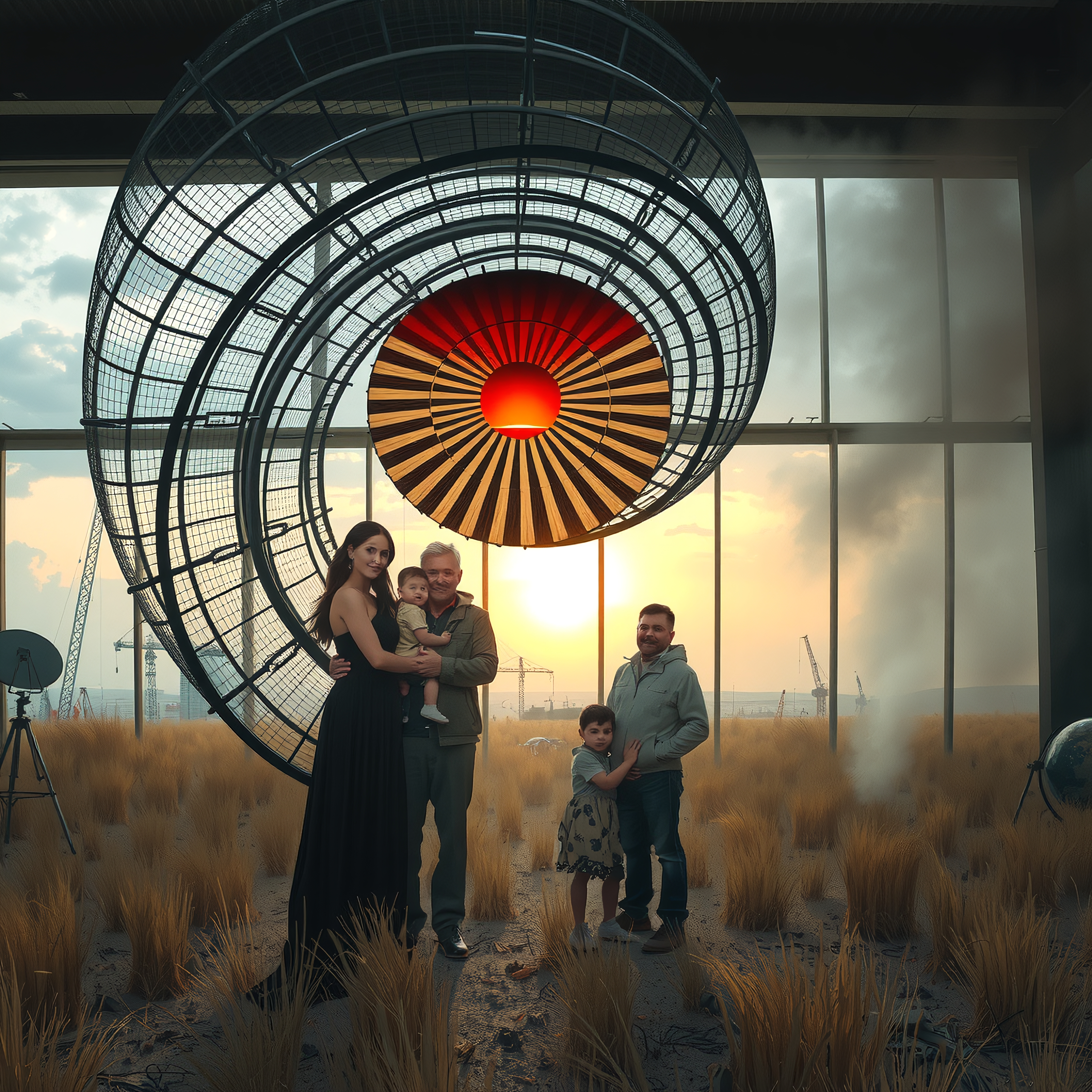 A family stands under a sunlit spiral sculpture in a vast warehouse.