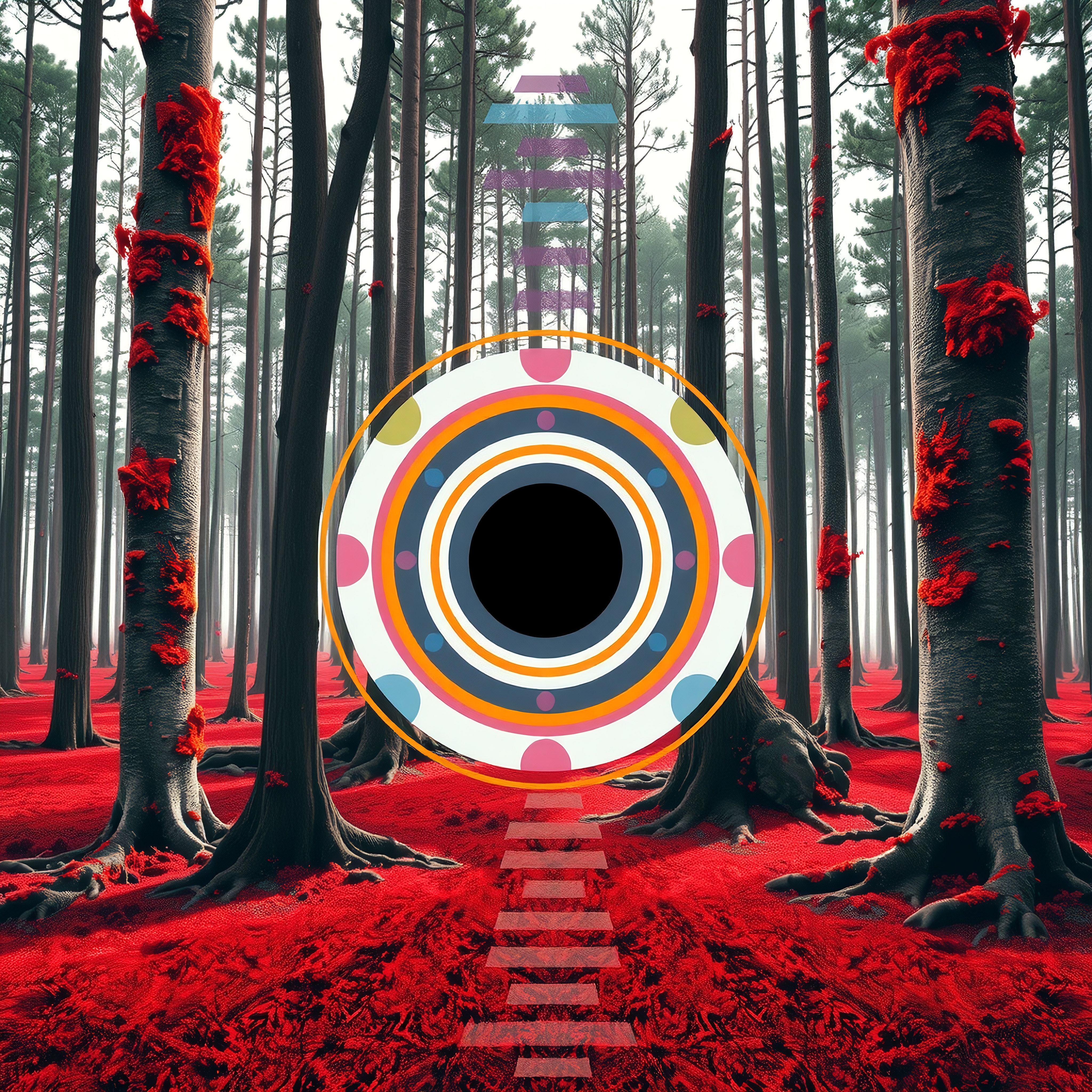 A surreal forest scene with vibrant red foliage and an abstract circular design.