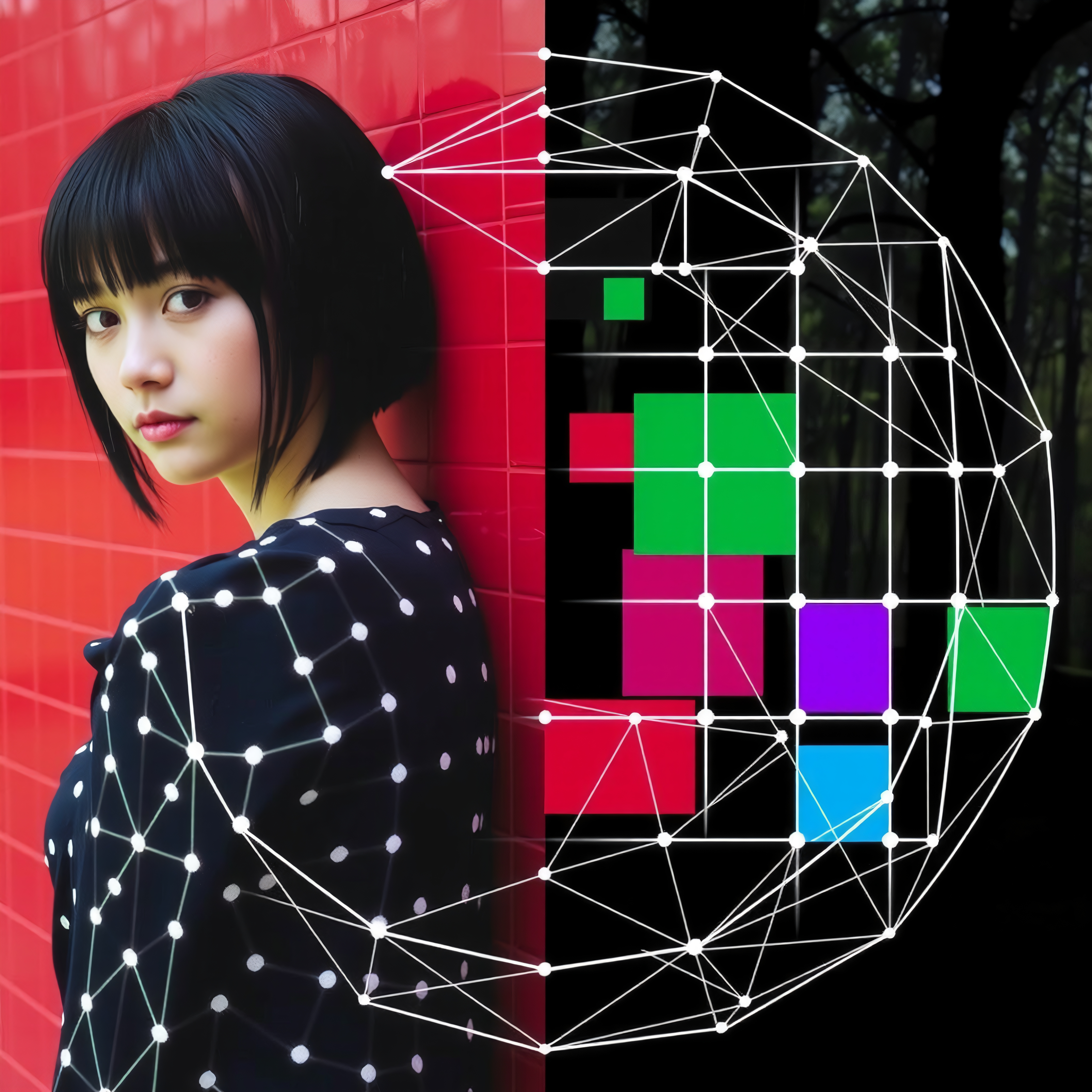 A woman leans on a red tiled wall, her outfit merging with a geometric digital network design, juxtaposing a vivid human and technological interface.