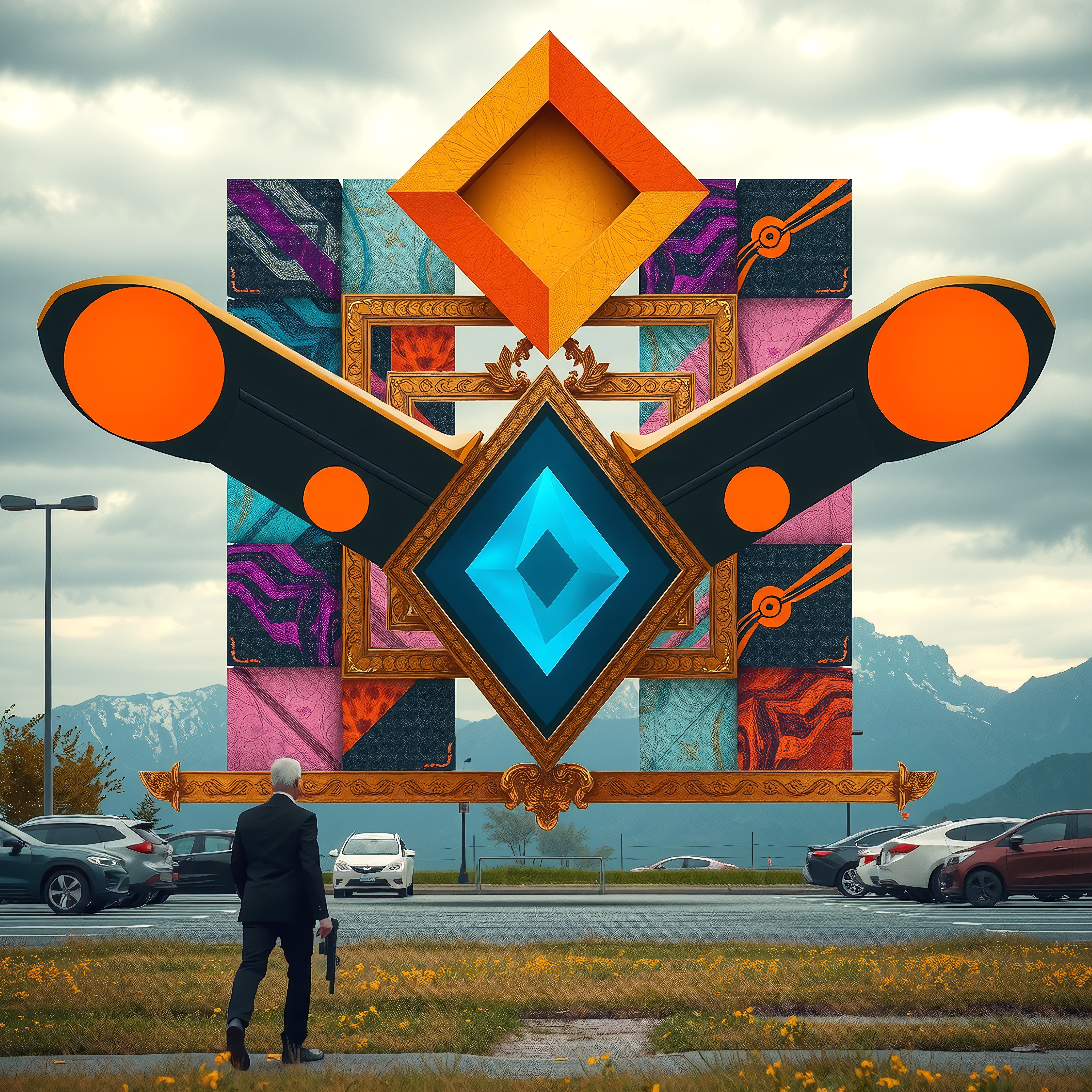 A man stands before a colorful geometric sculpture with mountains in the background.
