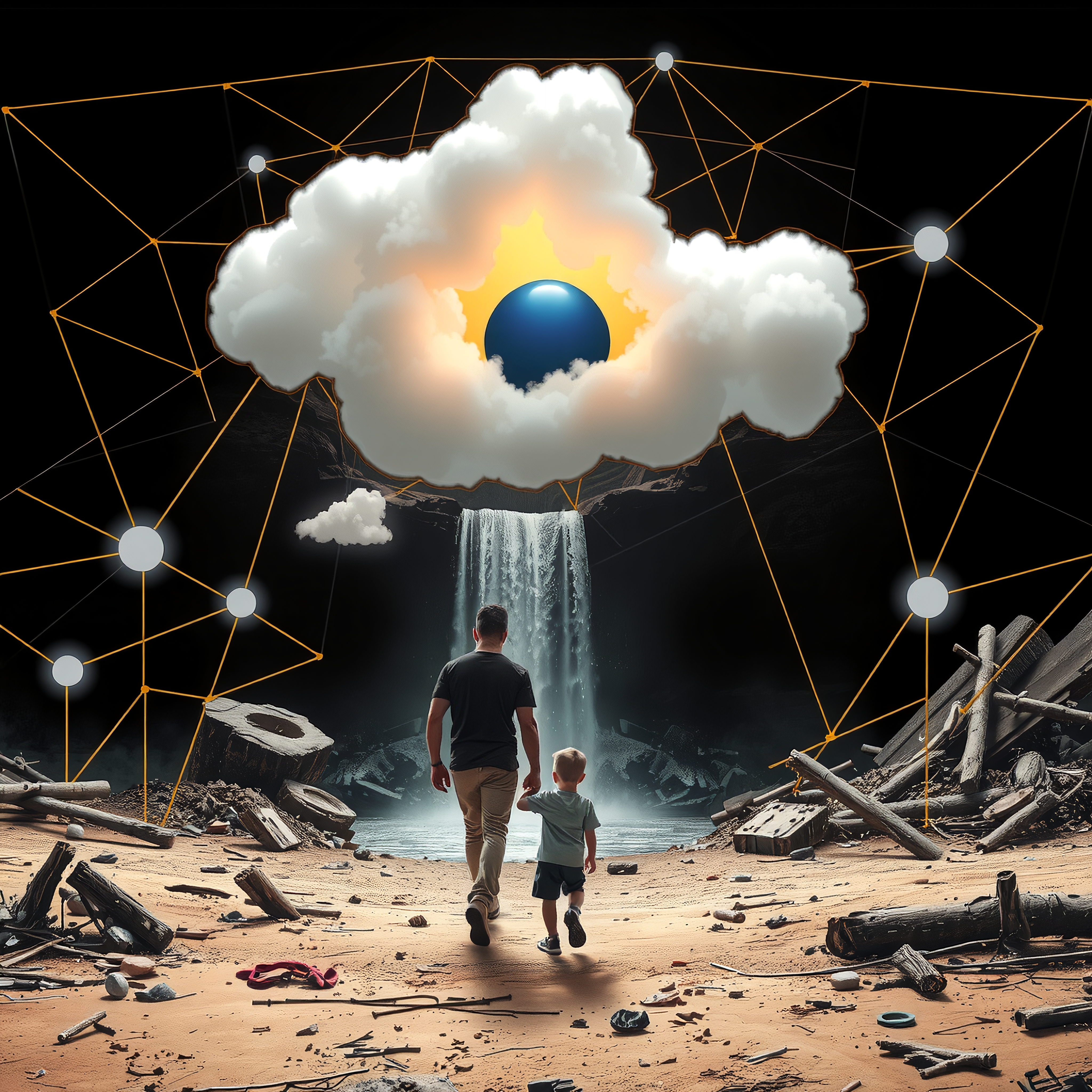 A father and child walking through a surreal landscape of debris and a cascading waterfall under a cloud shaped like an eye.
