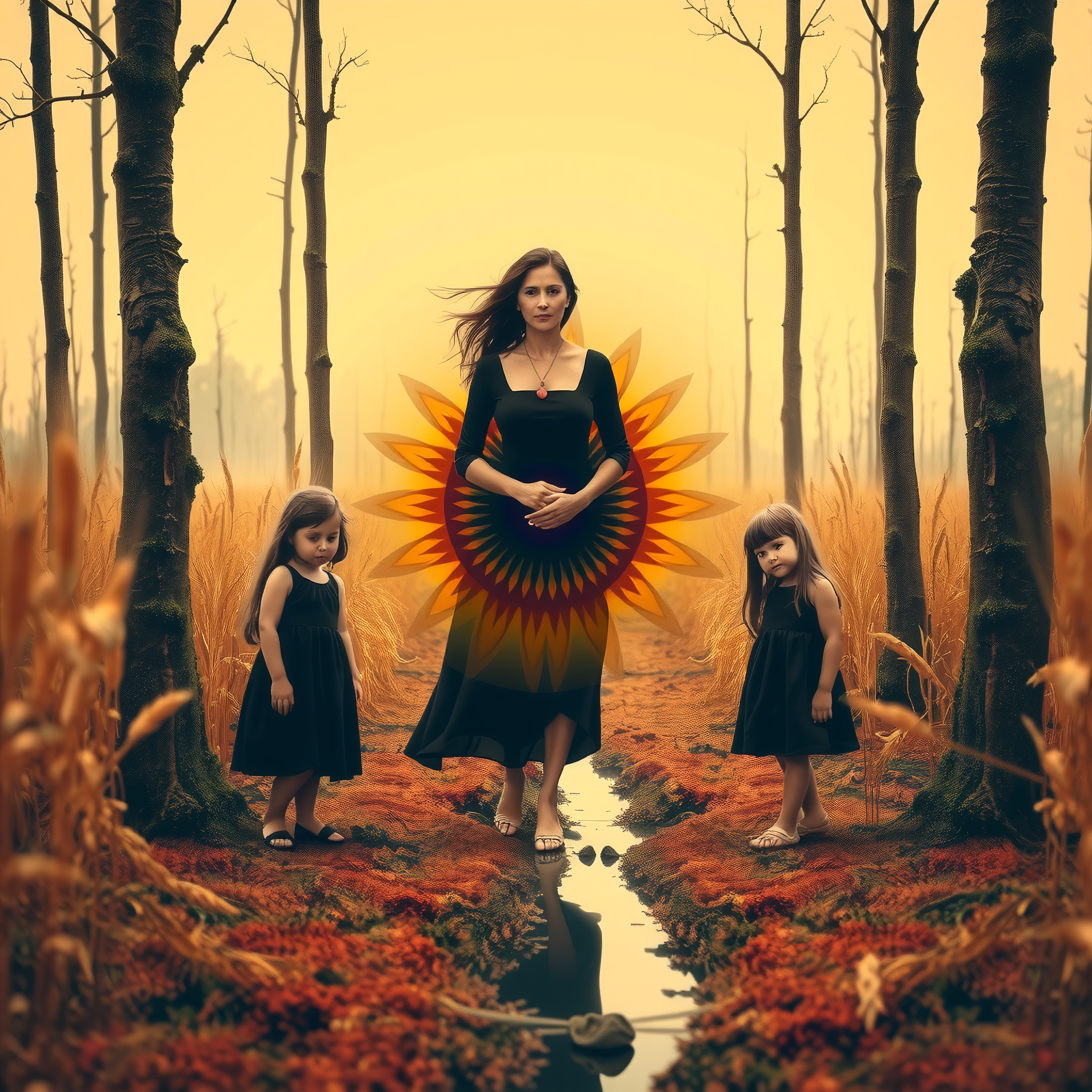 A woman and two children in matching black dresses stand in an autumn forest with a sunflower motif.