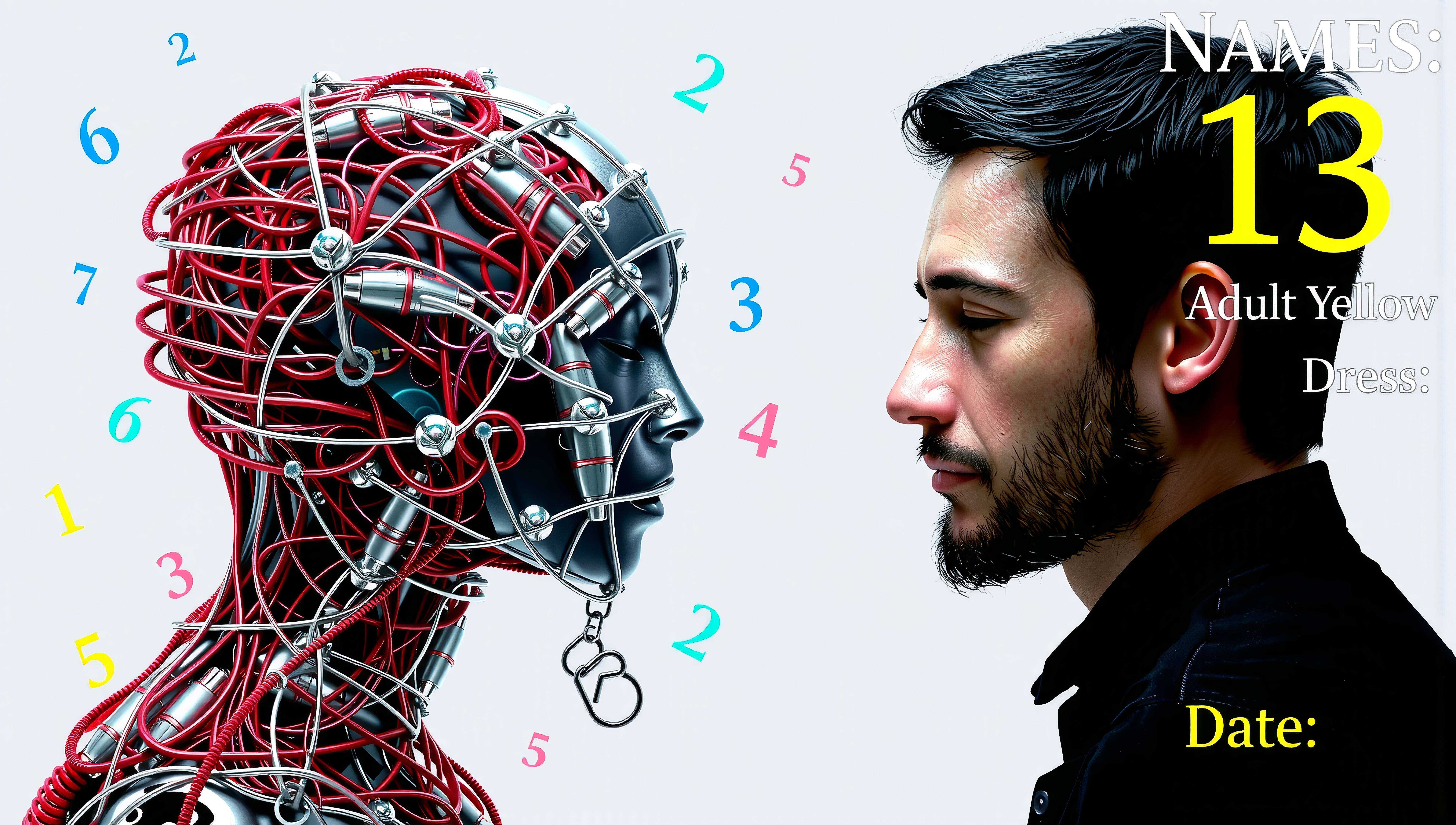 A man faces a robotic figure with numbers floating between them, depicting a futuristic human-robot interaction scene.