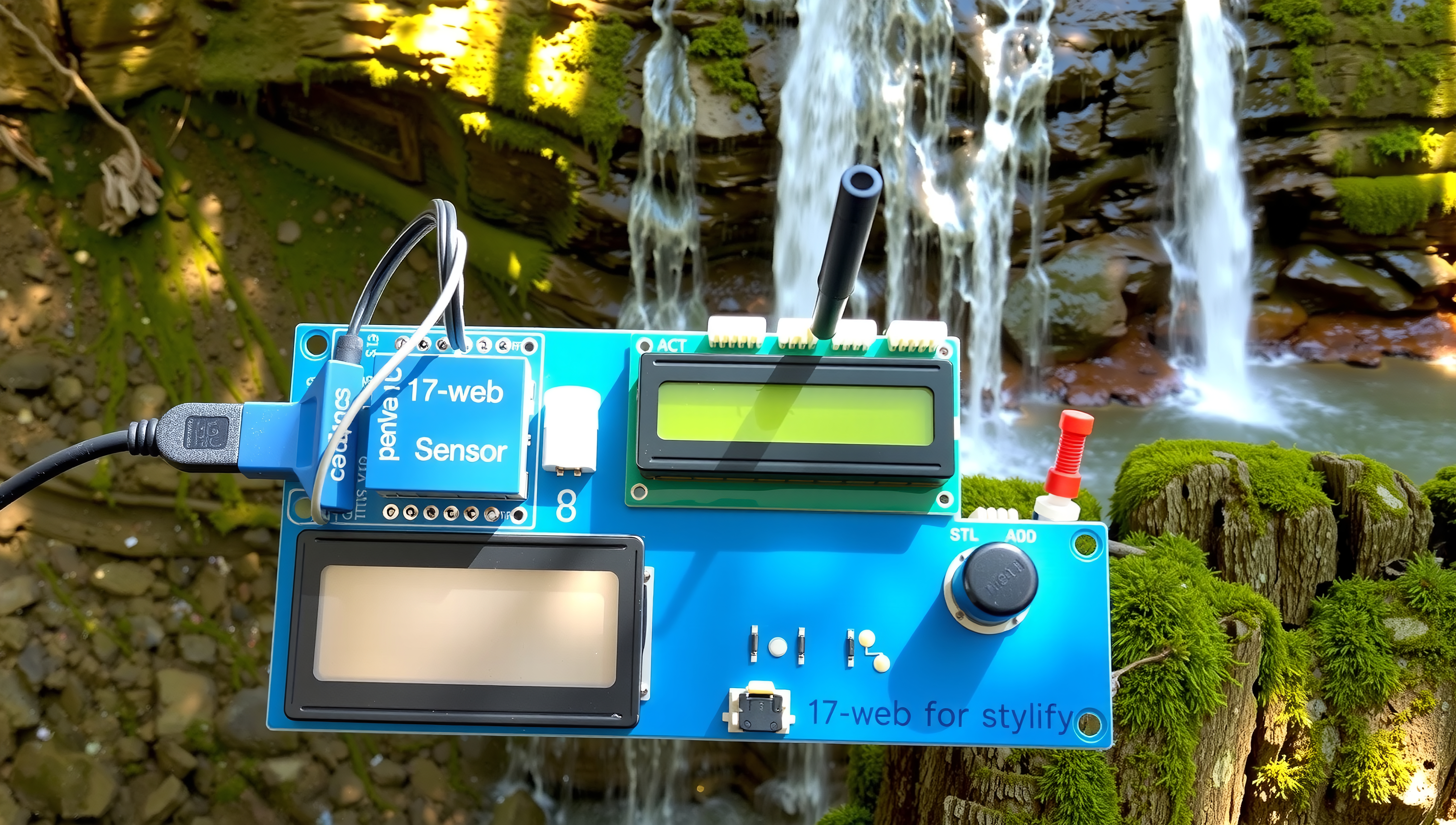 A blue circuit board with electronic components set against a background of a moss-covered waterfall.