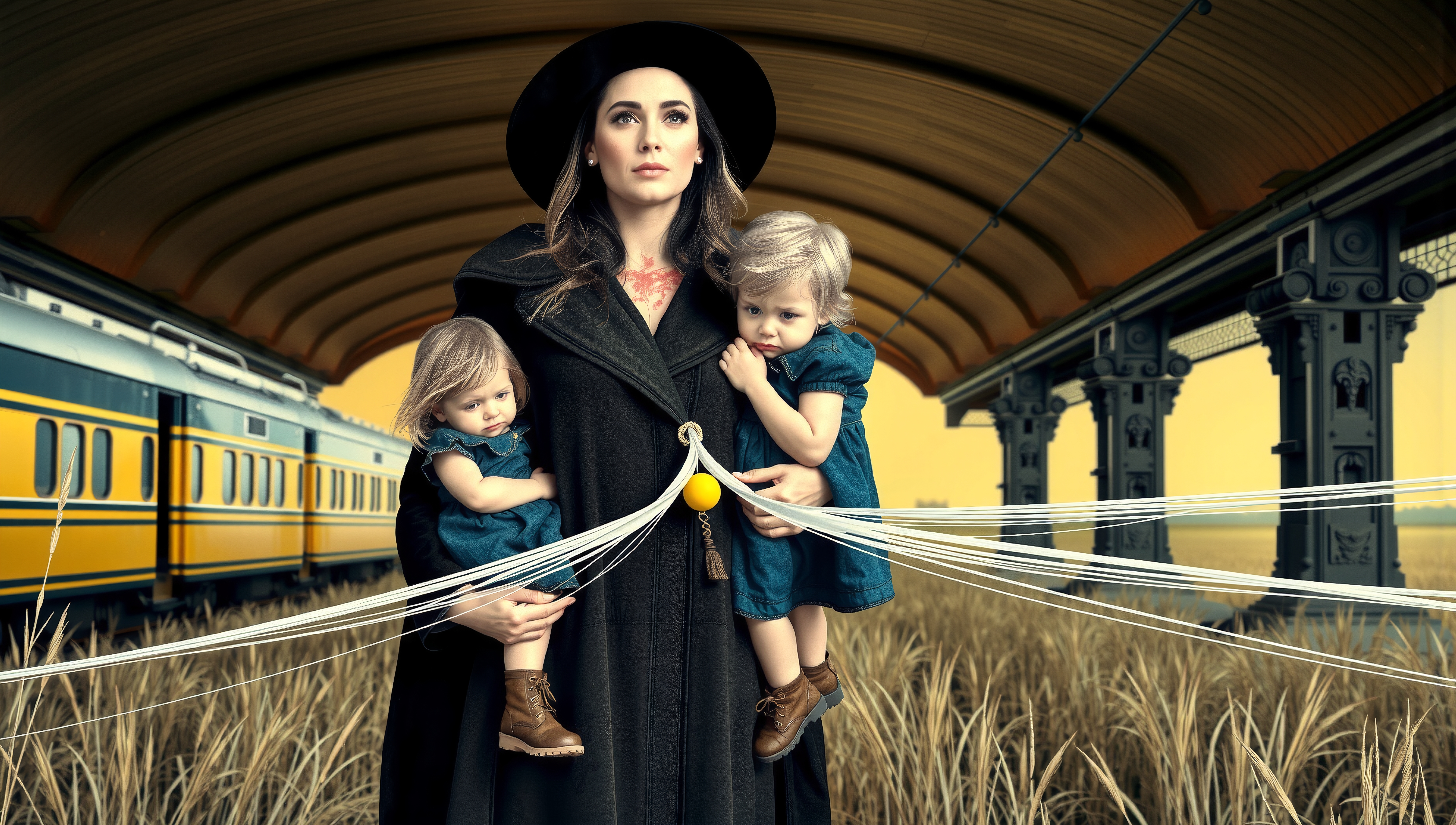 A woman in black coat holding two children at a train station, surrounded by grass and strings.