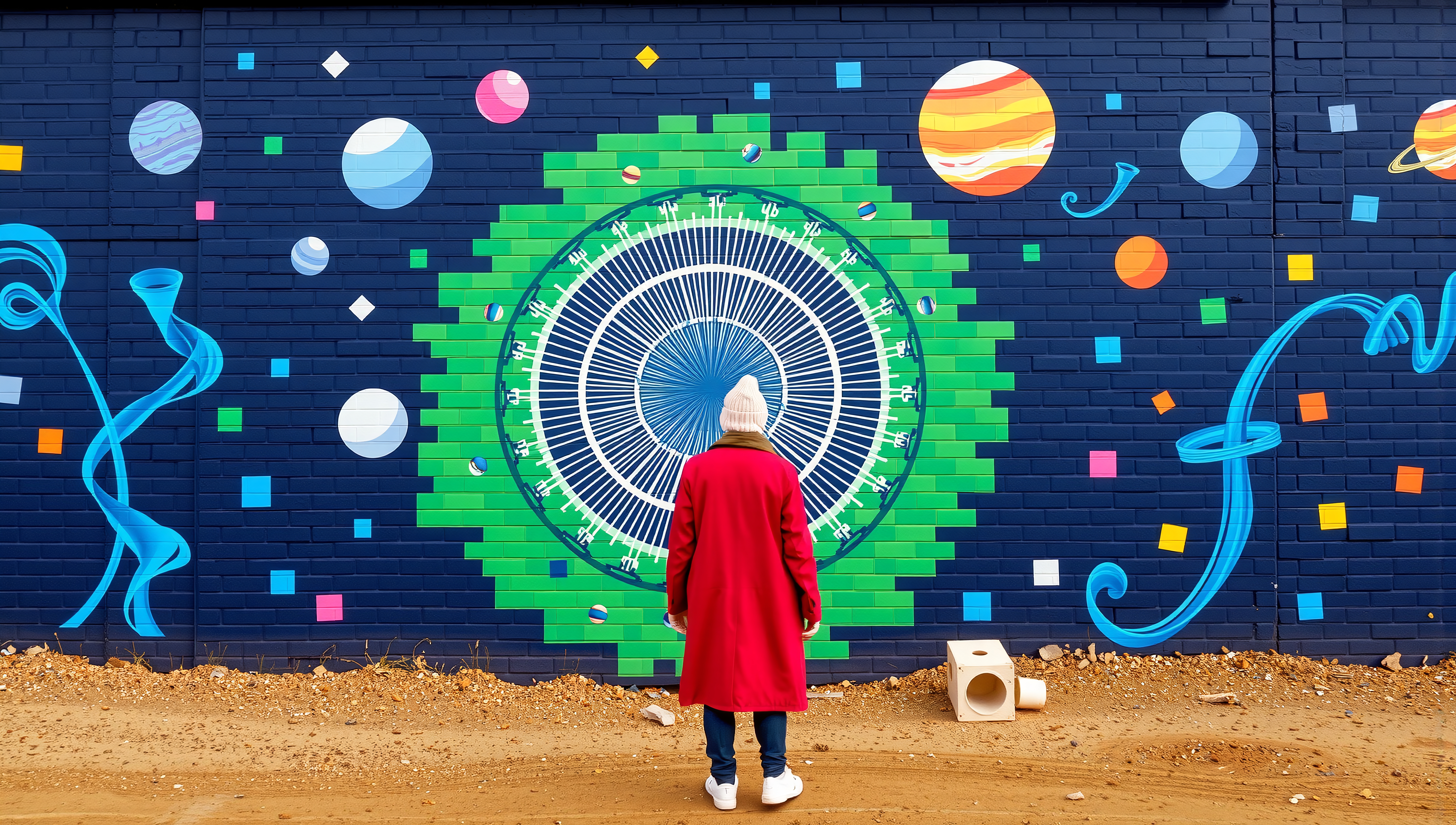 Person in red coat faces cosmic-themed mural on brick wall with planets and circular design.