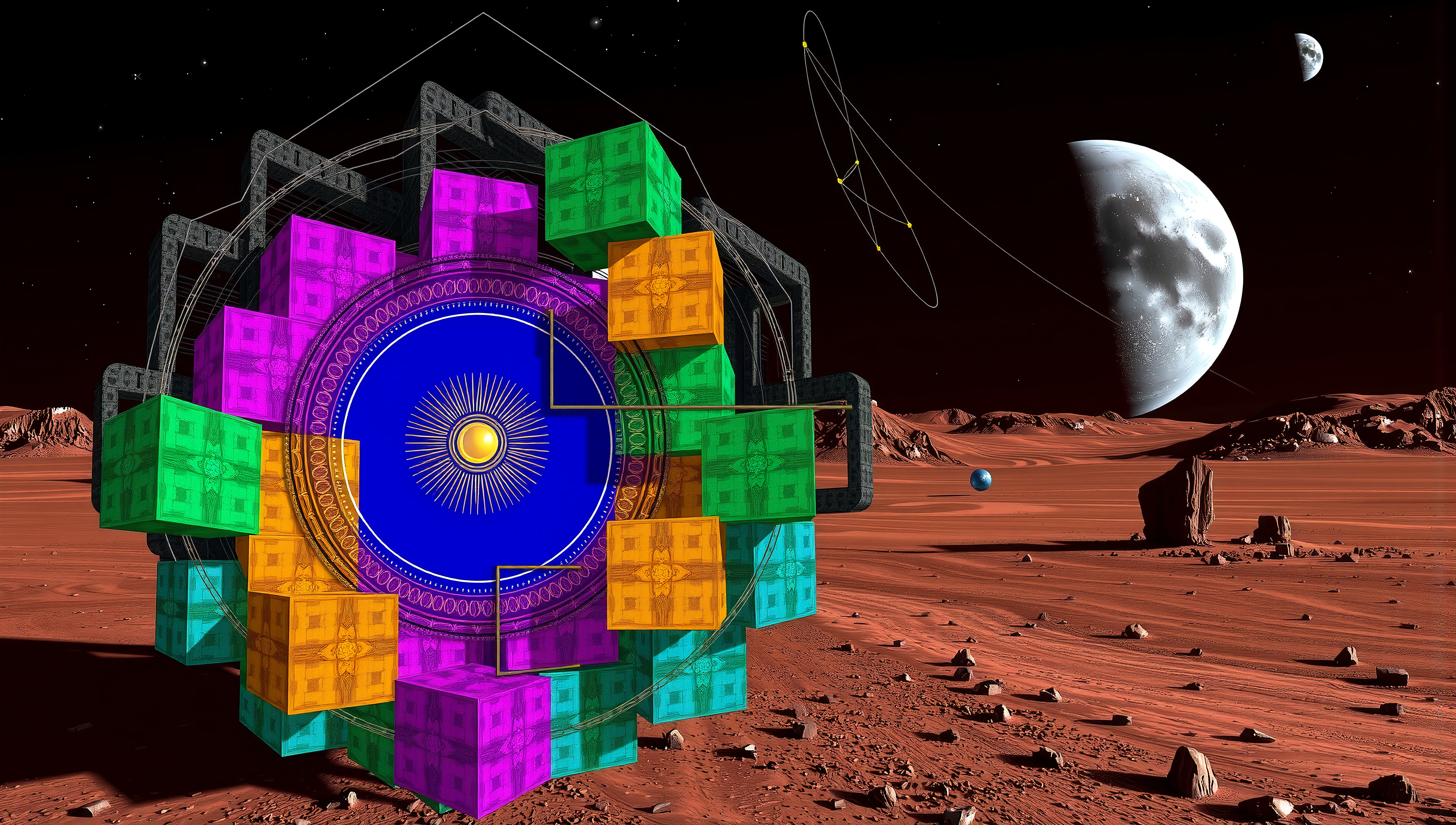 Futuristic geometric structure on Mars with colorful cubes and celestial bodies in a surreal cosmic scene.