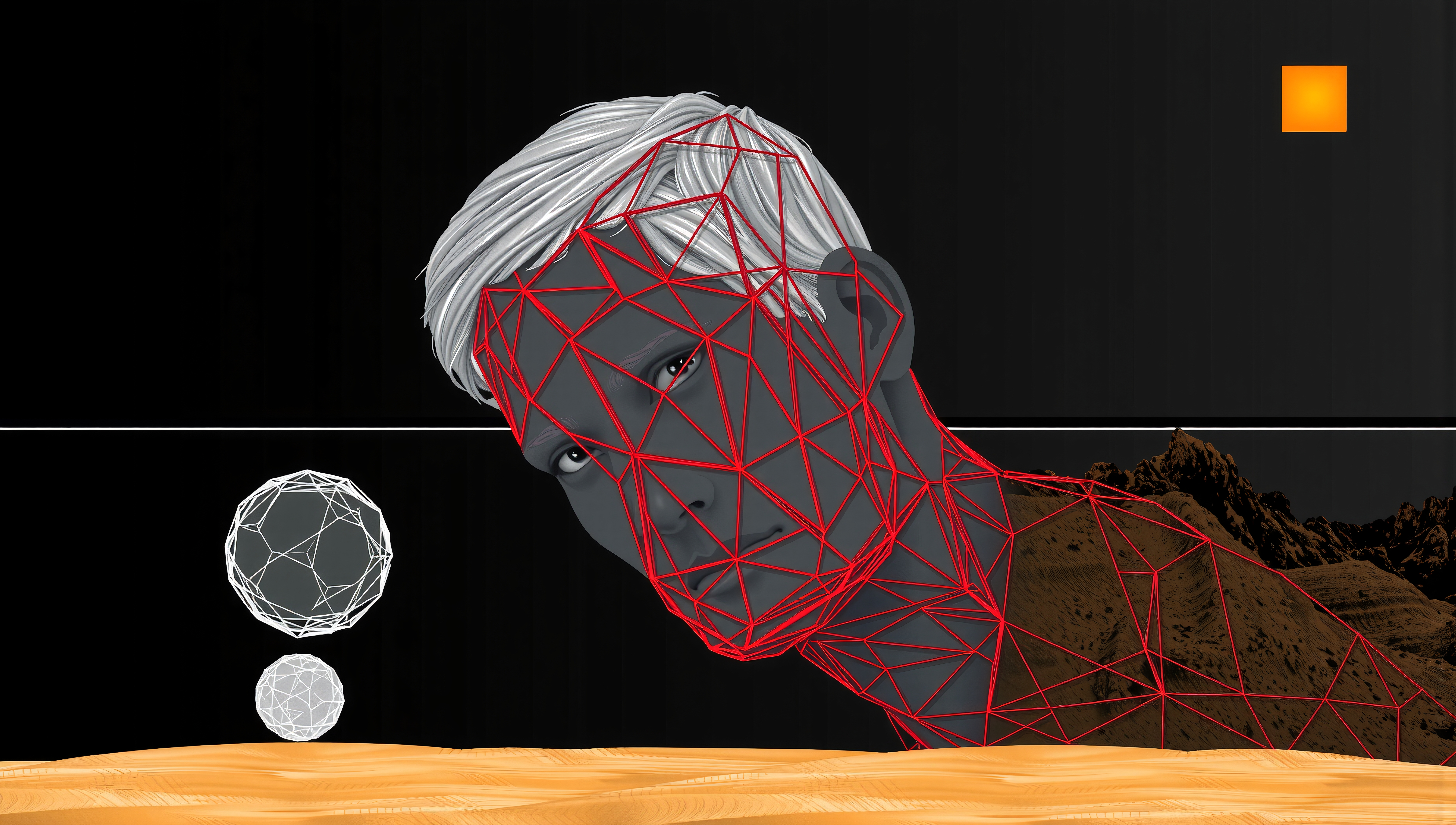 A digital artwork featuring a grayscale face overlaid with red polygons in a desert landscape with abstract elements.