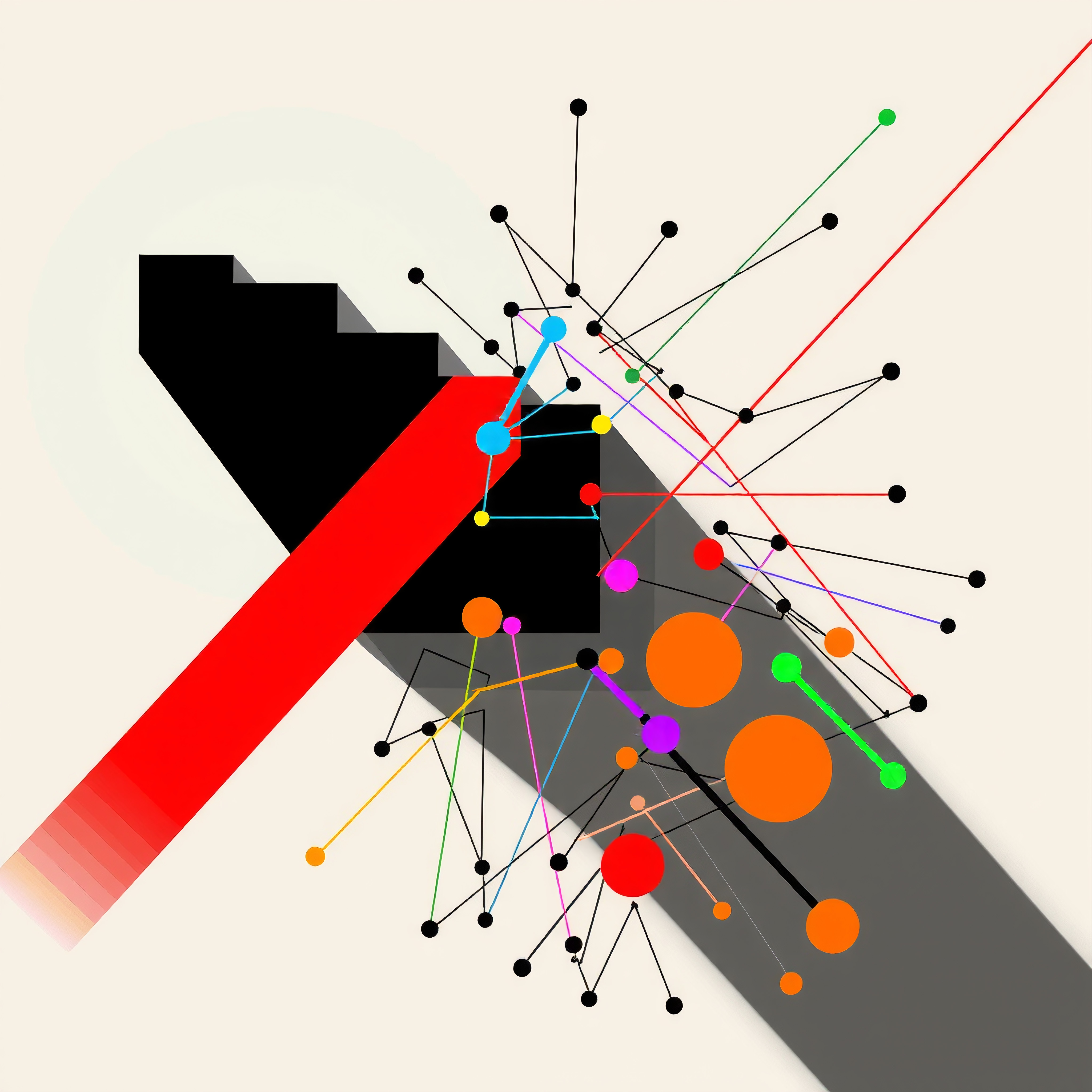Abstract geometric artwork with vivid lines and dots.