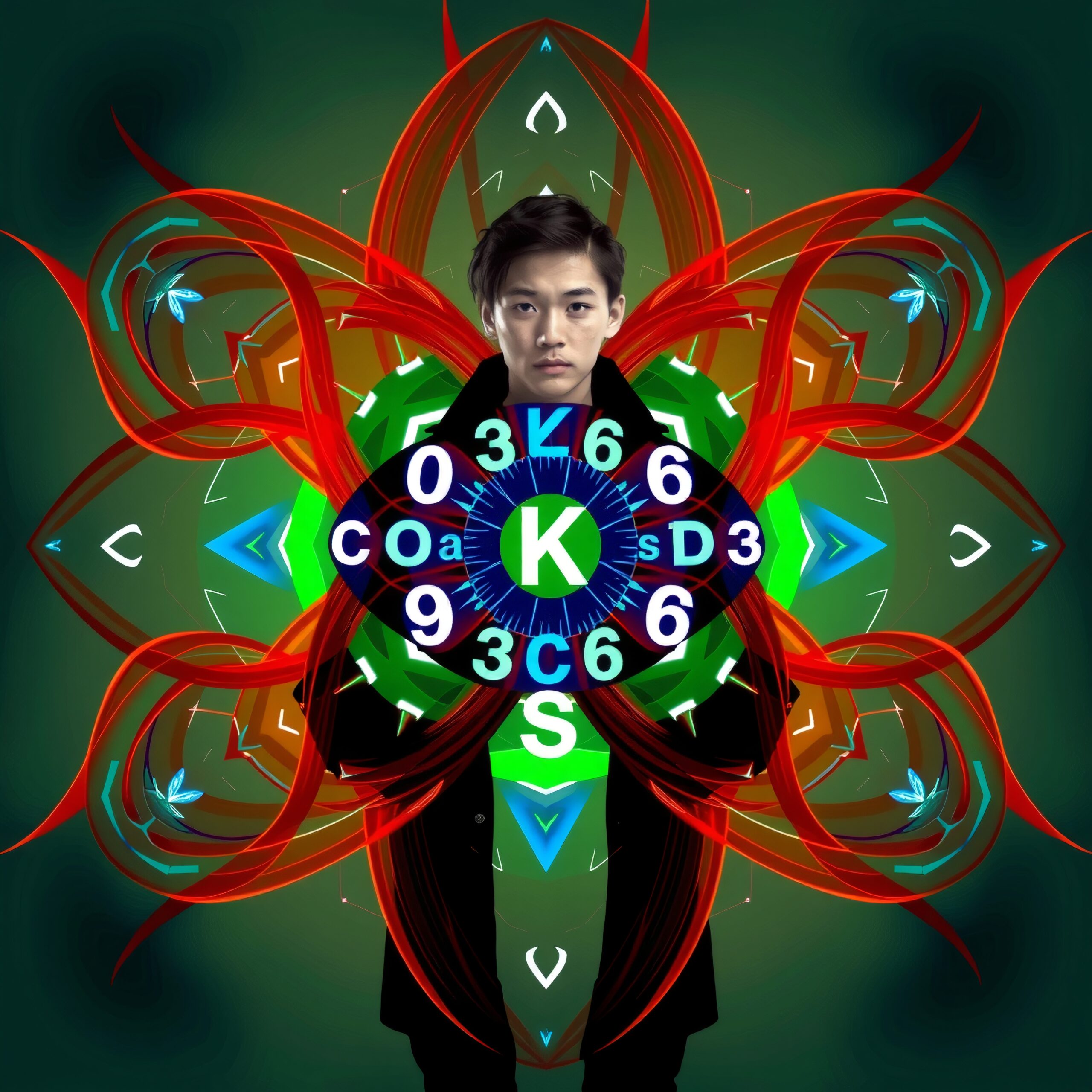 A person stands against an intricate geometric pattern background, featuring numbers and letters, with vibrant colors and a modern mandala design.