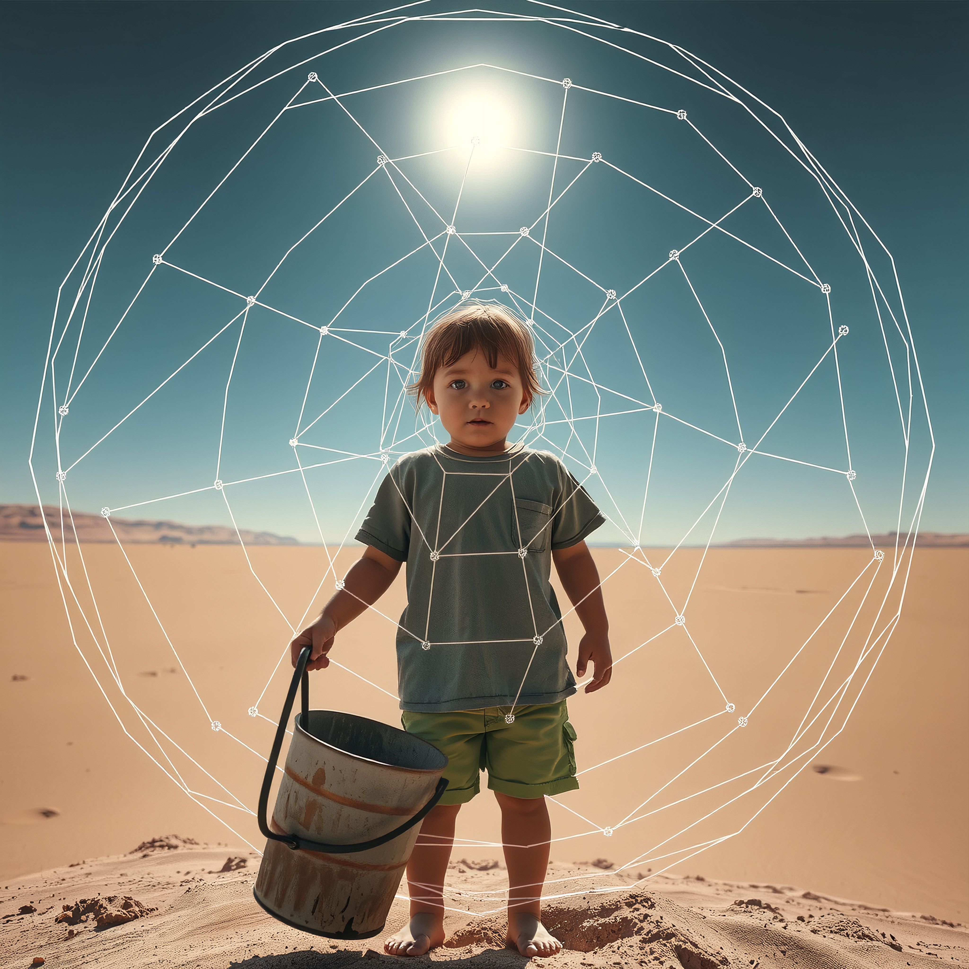 A child stands barefoot in a desert under a geometric dome pattern.