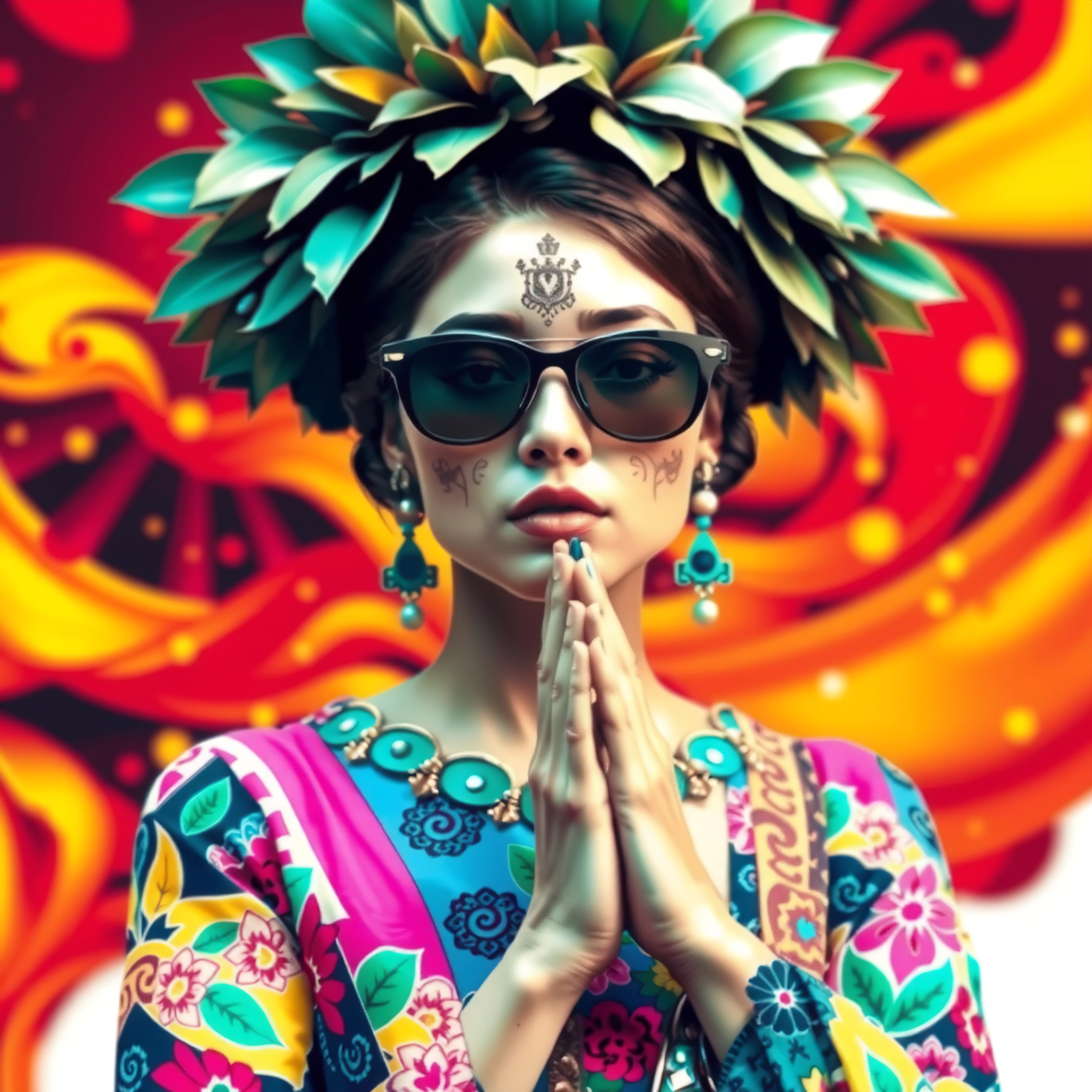 Colorful woman with sunglasses and a floral headdress against a bright, abstract background.