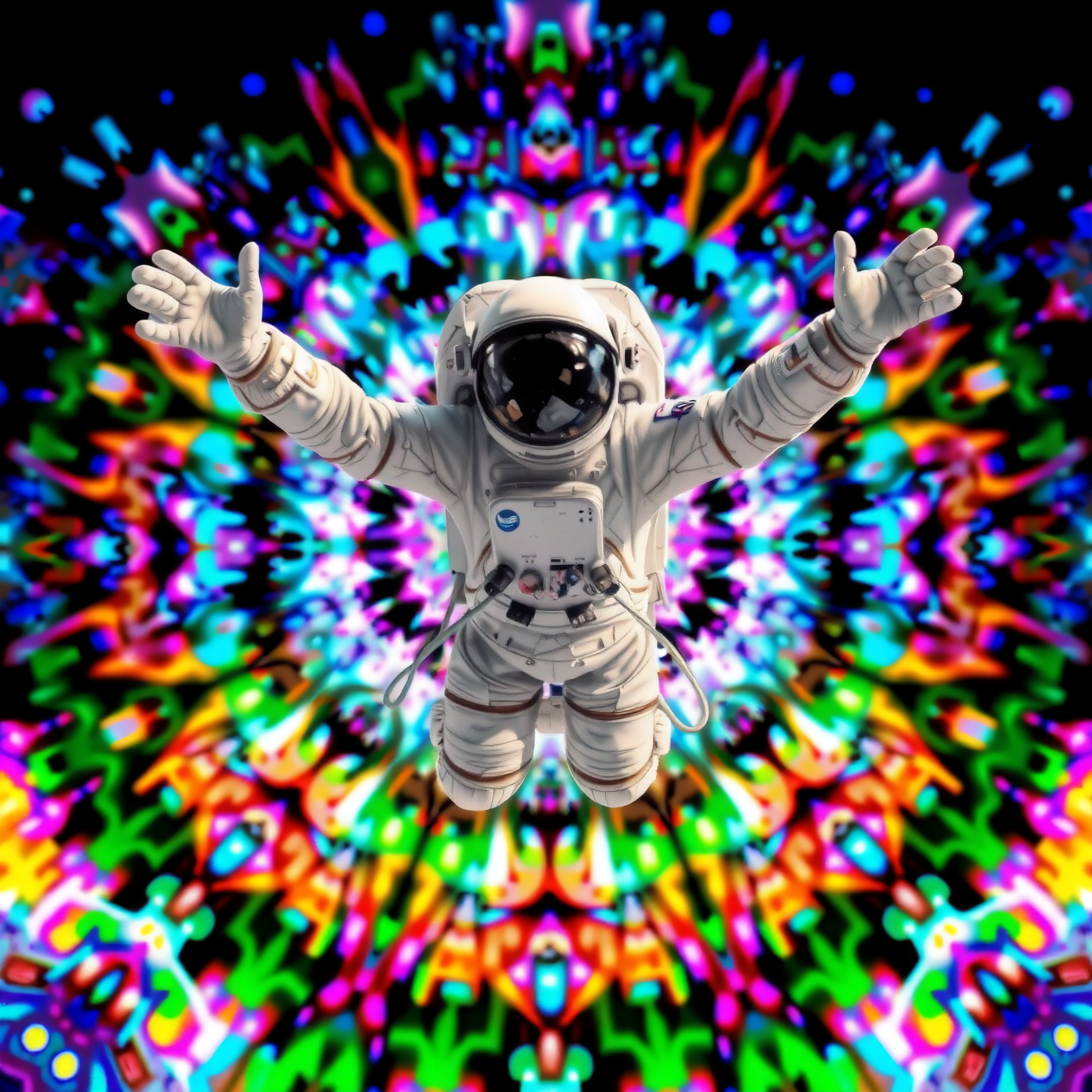 A white-suited astronaut floats in a vibrant, psychedelic kaleidoscope background.