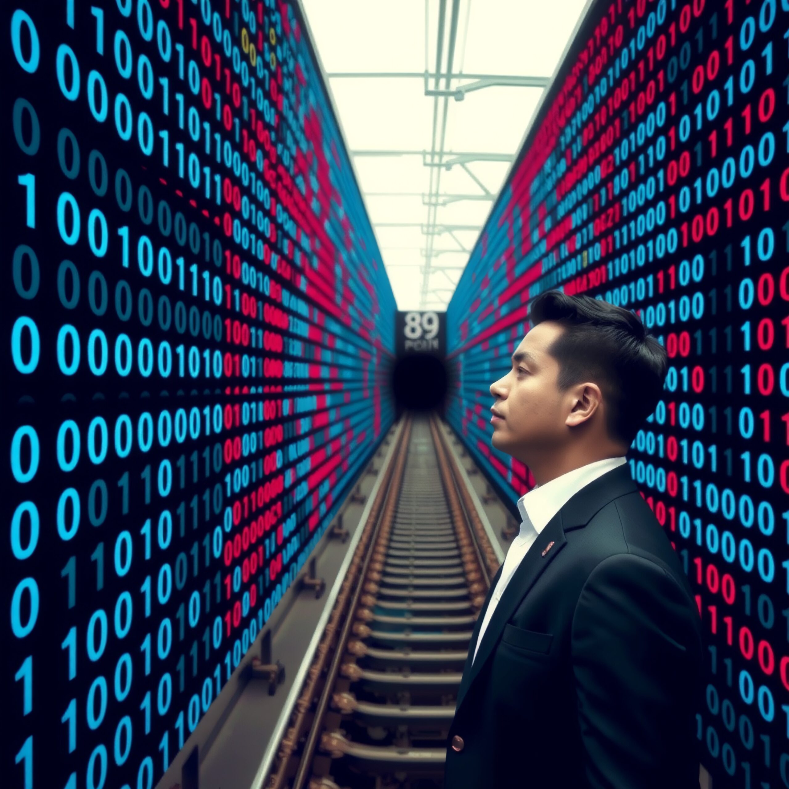 A man in a digital-themed subway tunnel with binary code walls.