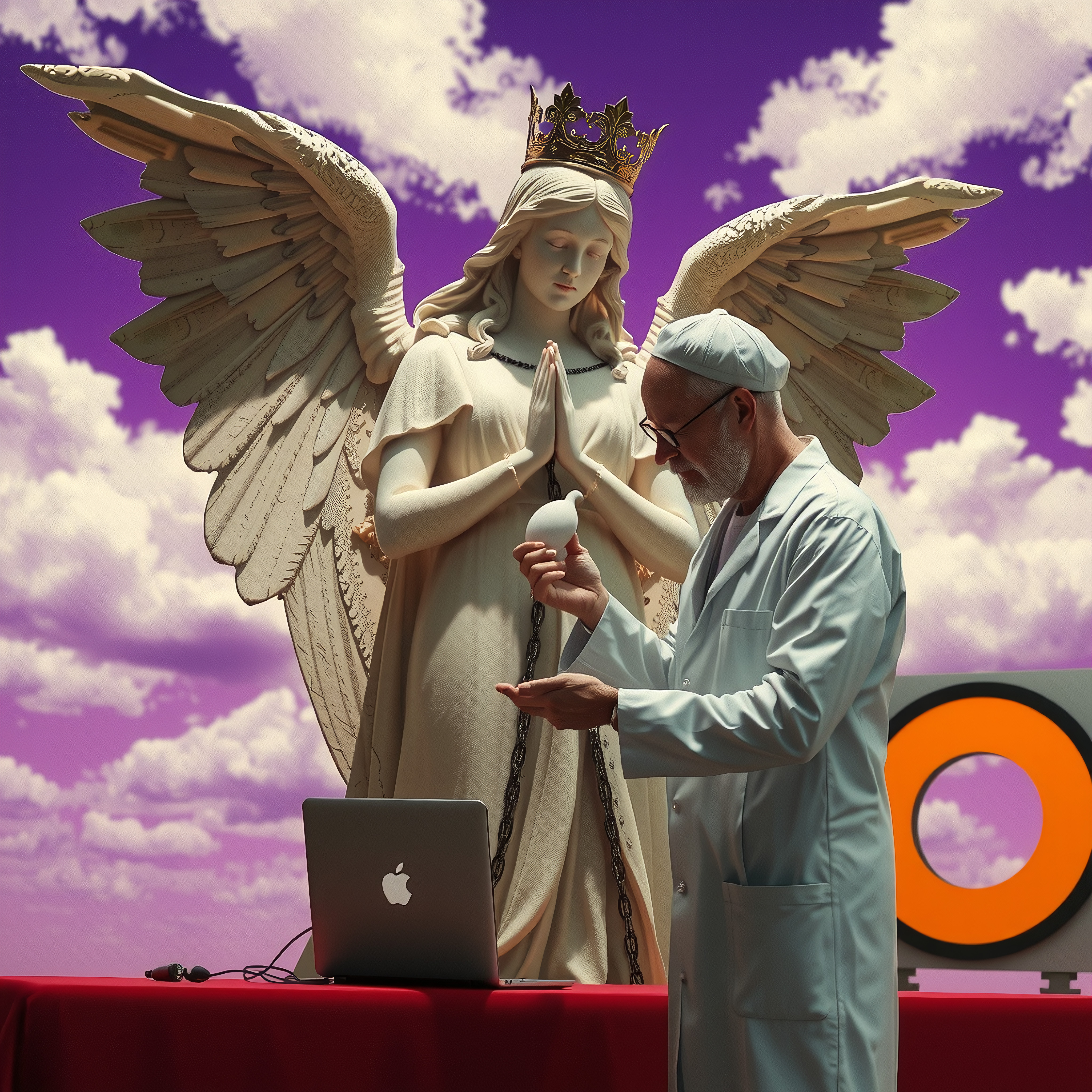 A scientist examines an object beside an angel statue under a purple sky.