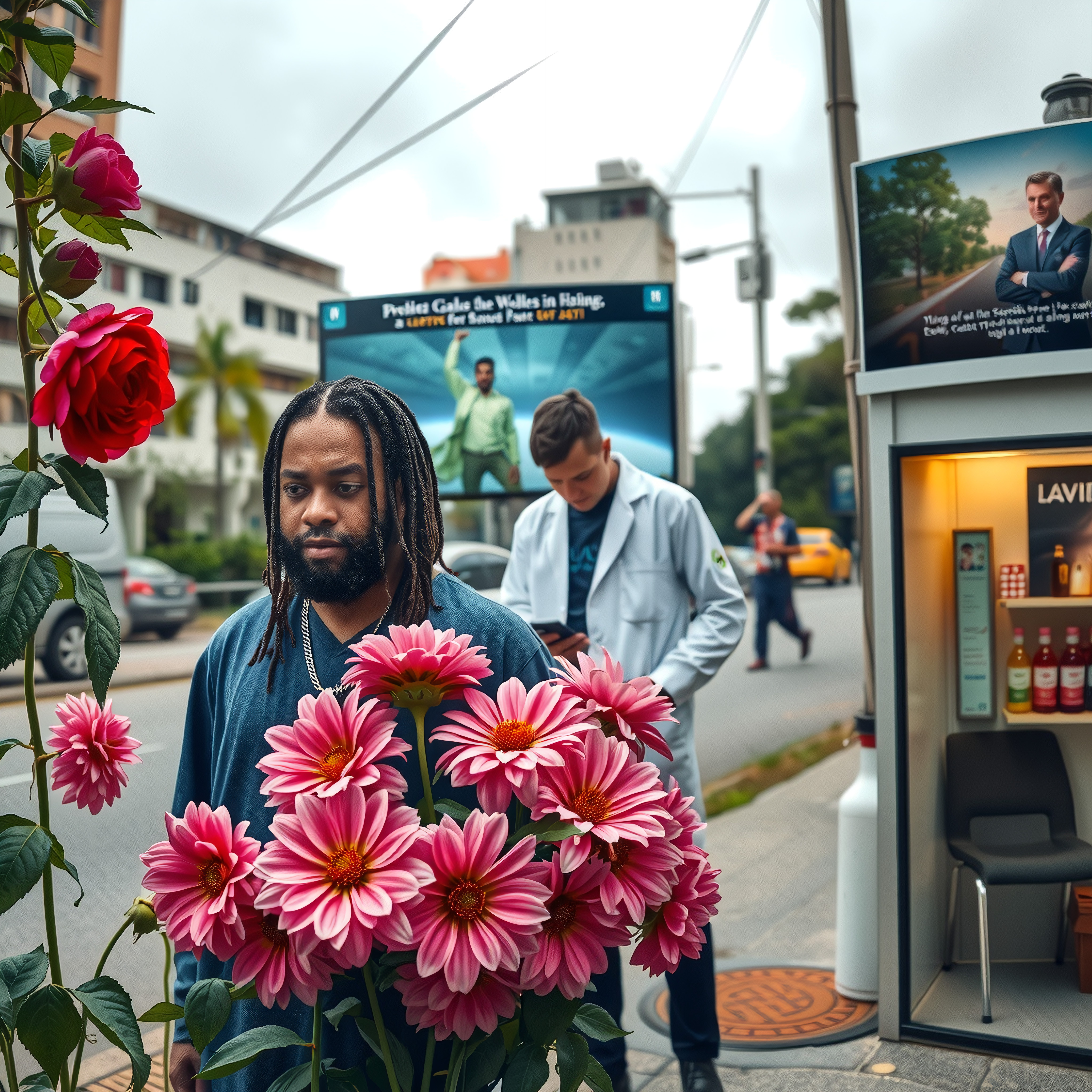 Man standing near vibrant flowers in a bustling city street.