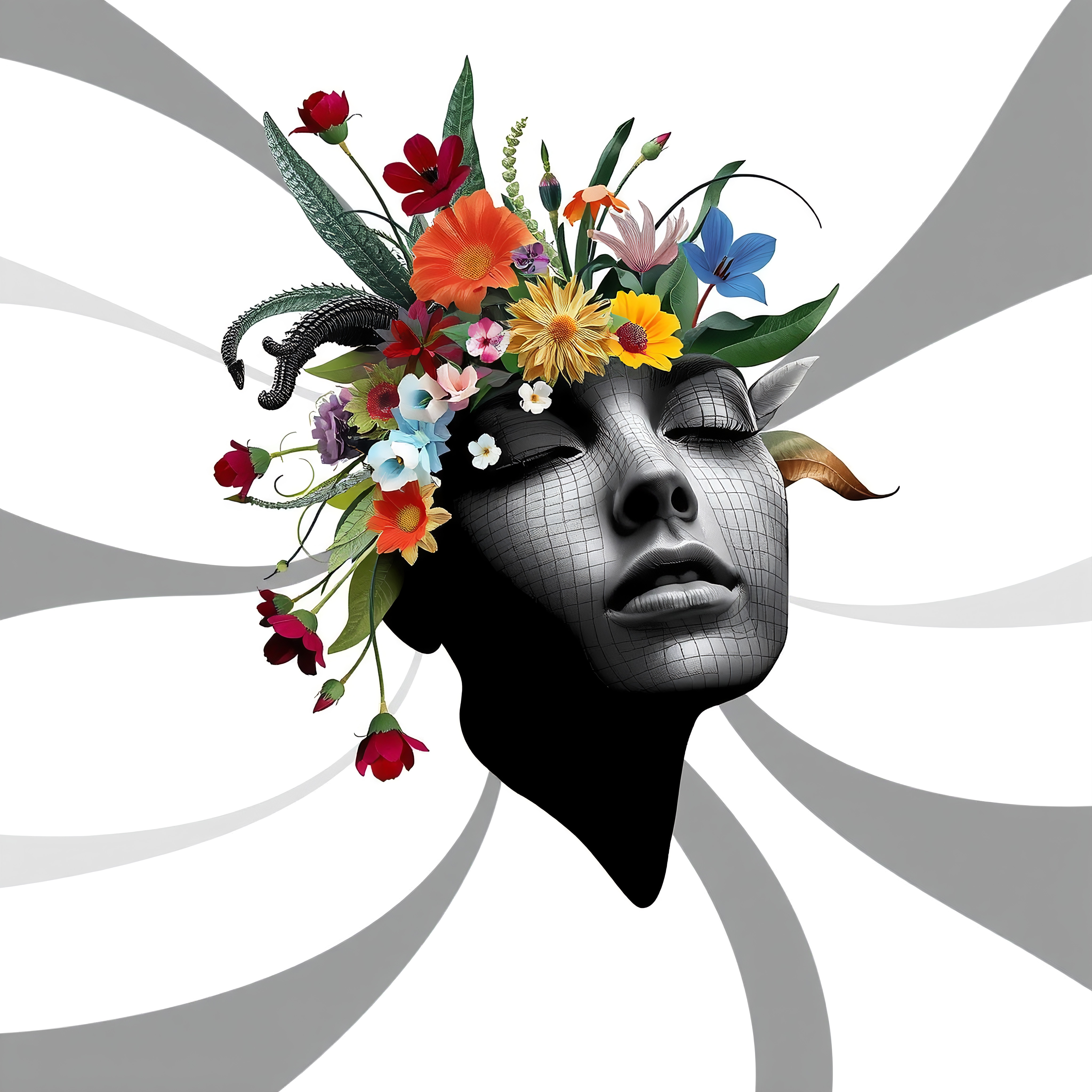 A surreal digital artwork featuring a black face with a colorful floral headdress on a white background.