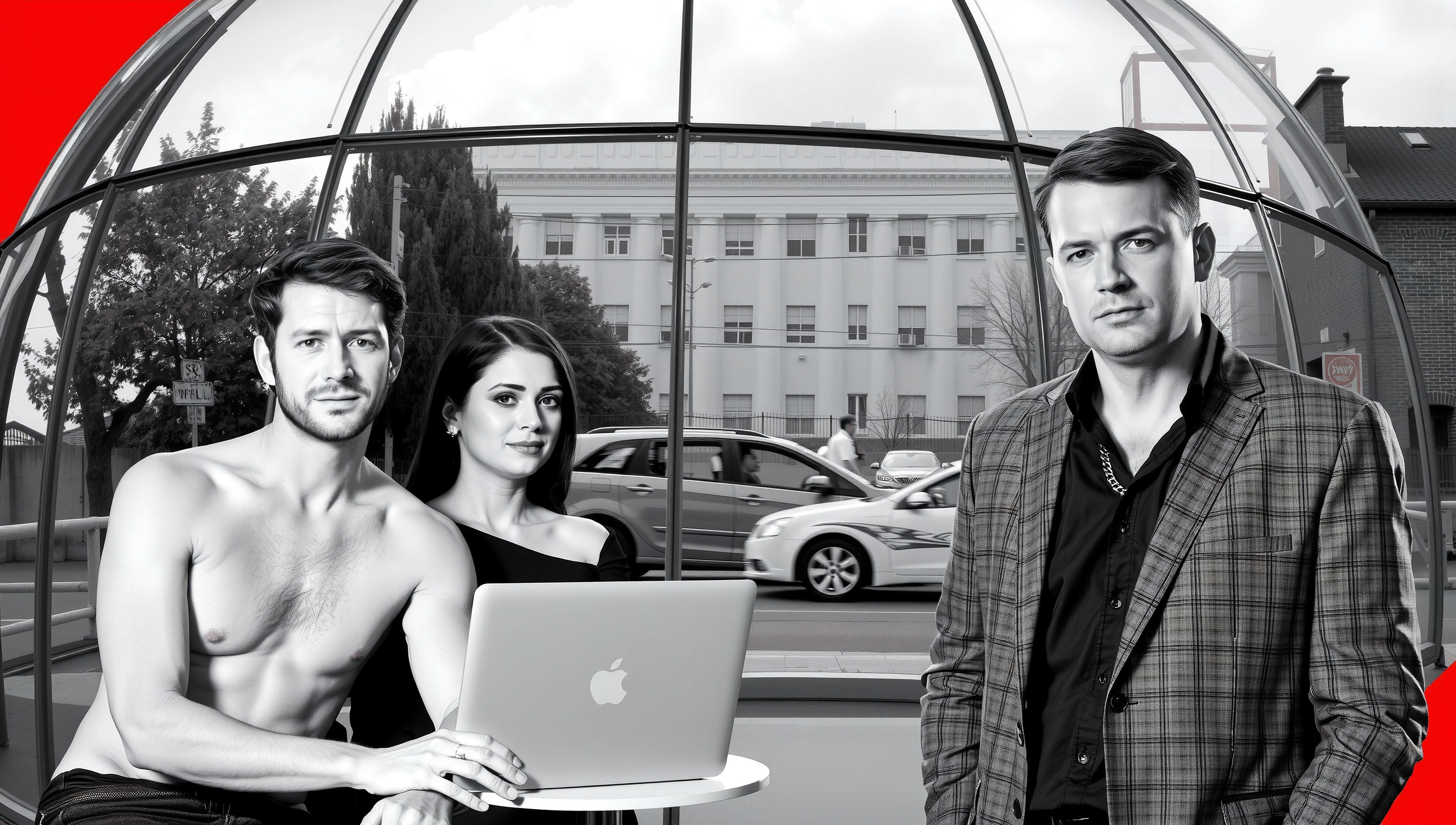 Three people in city setting with laptop.