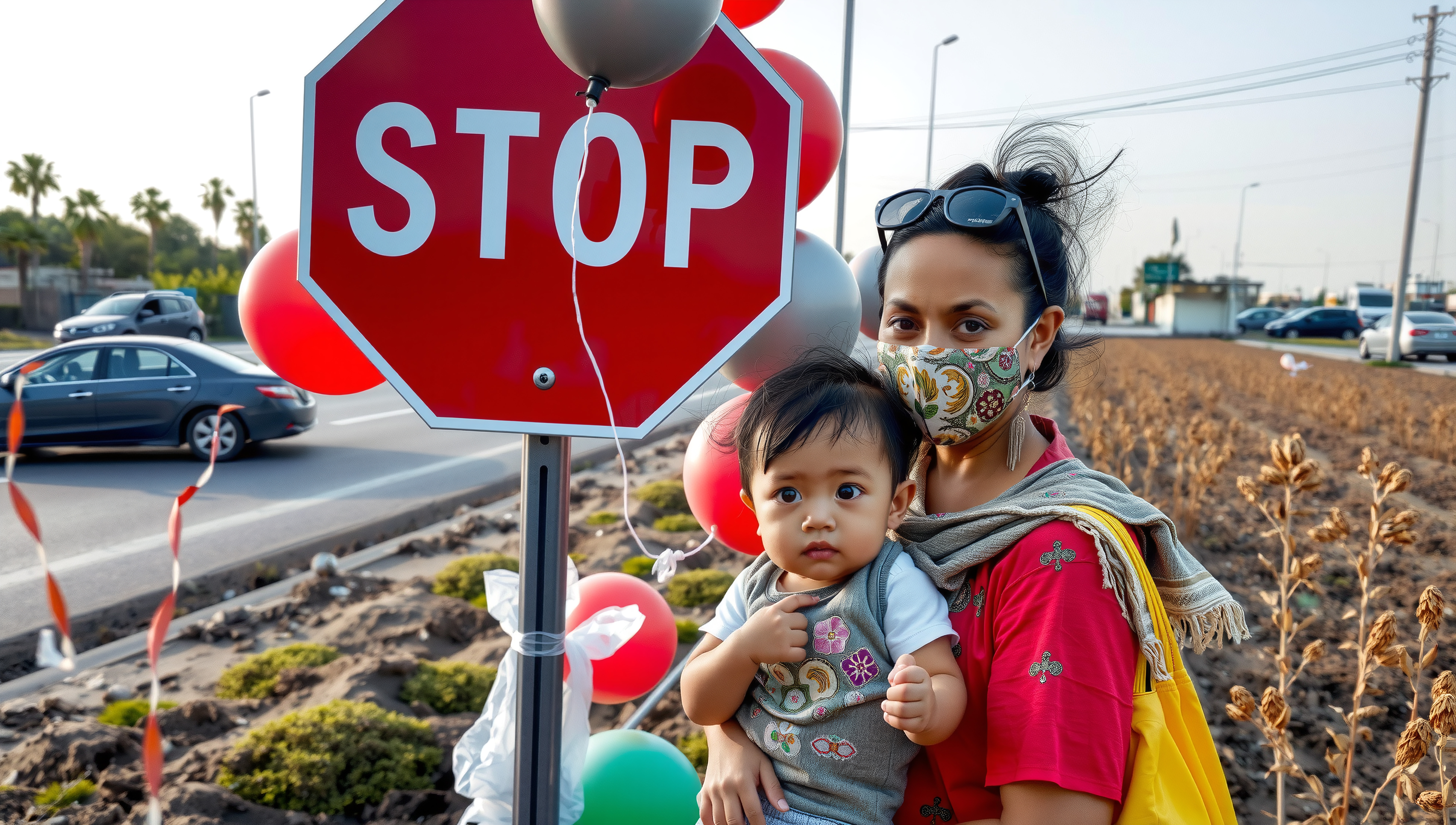 A masked woman holds a child next to a decorated stop sign on a roadside.