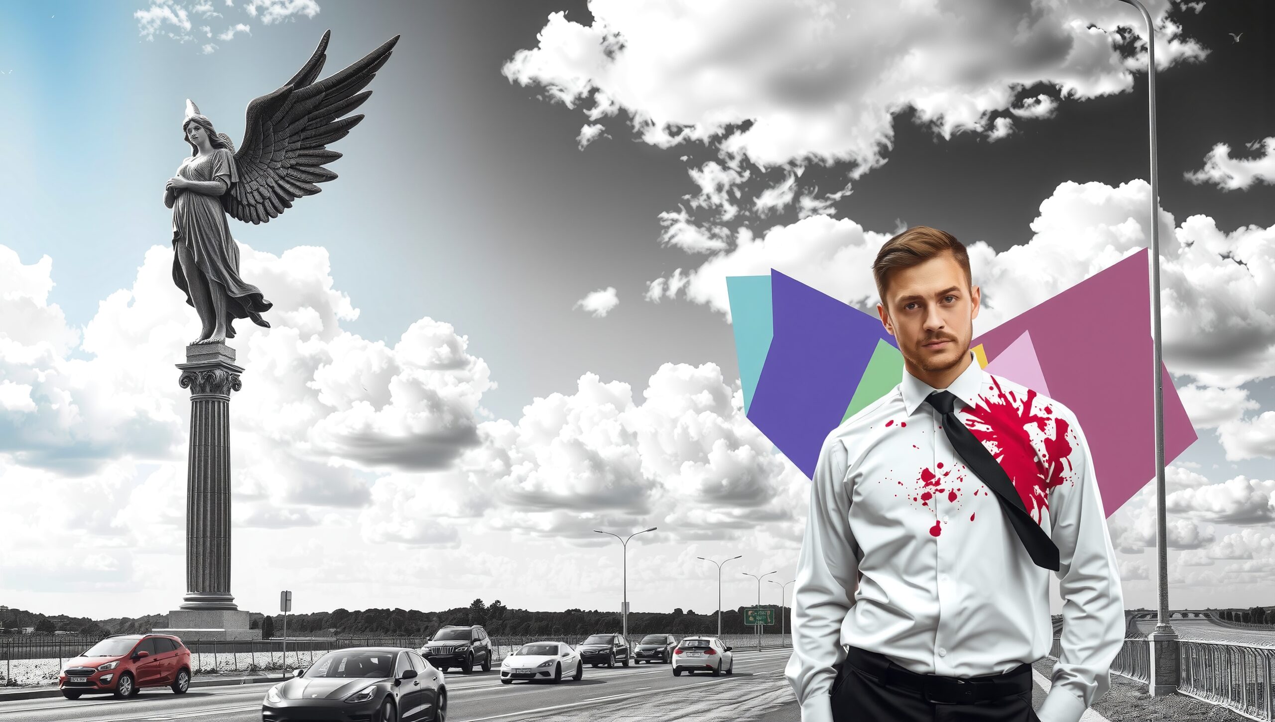 A man with a stained shirt stands before a winged statue beside a busy road.