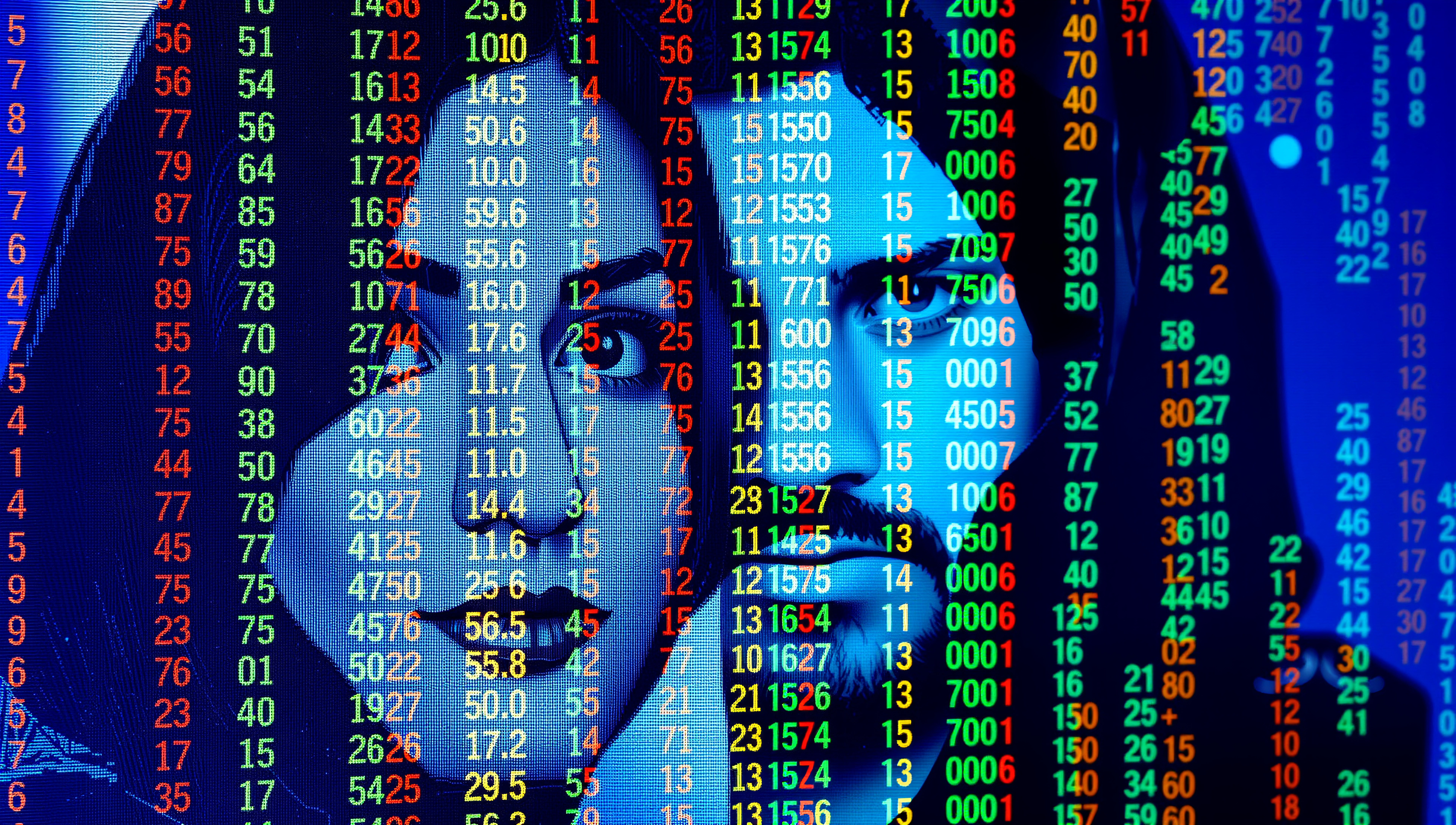 Digital faces intertwined with colorful data elements.