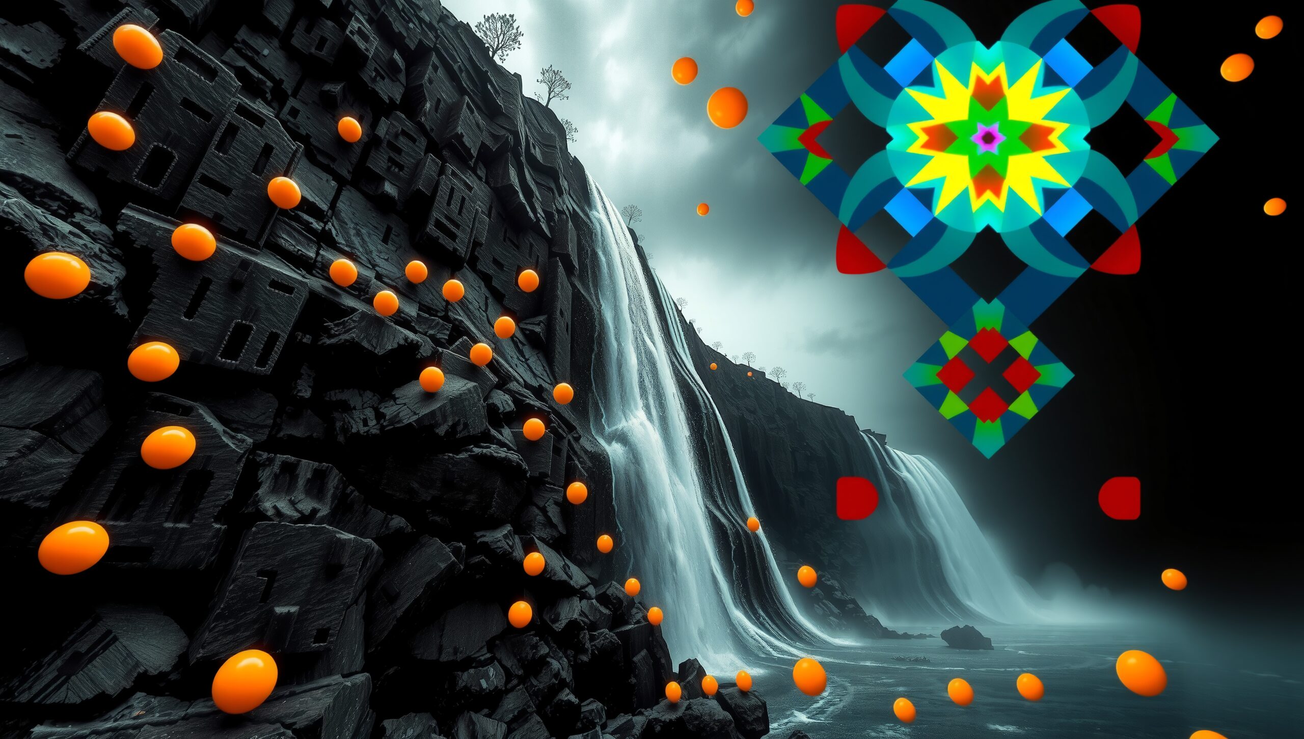 Surreal landscape with waterfall, geometric art, and orange spheres.