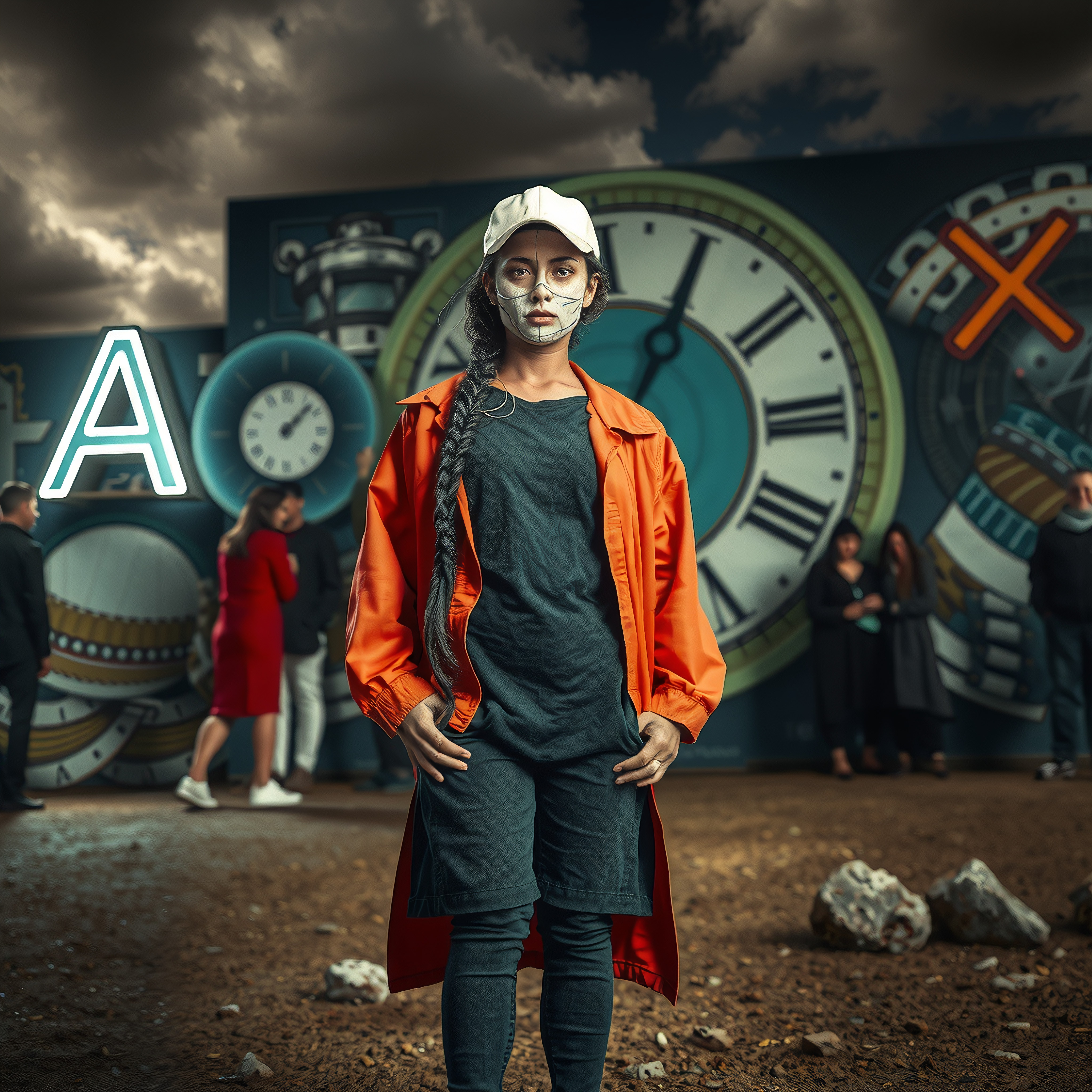 A girl stands before a mural of clocks, wearing an orange jacket and cap.