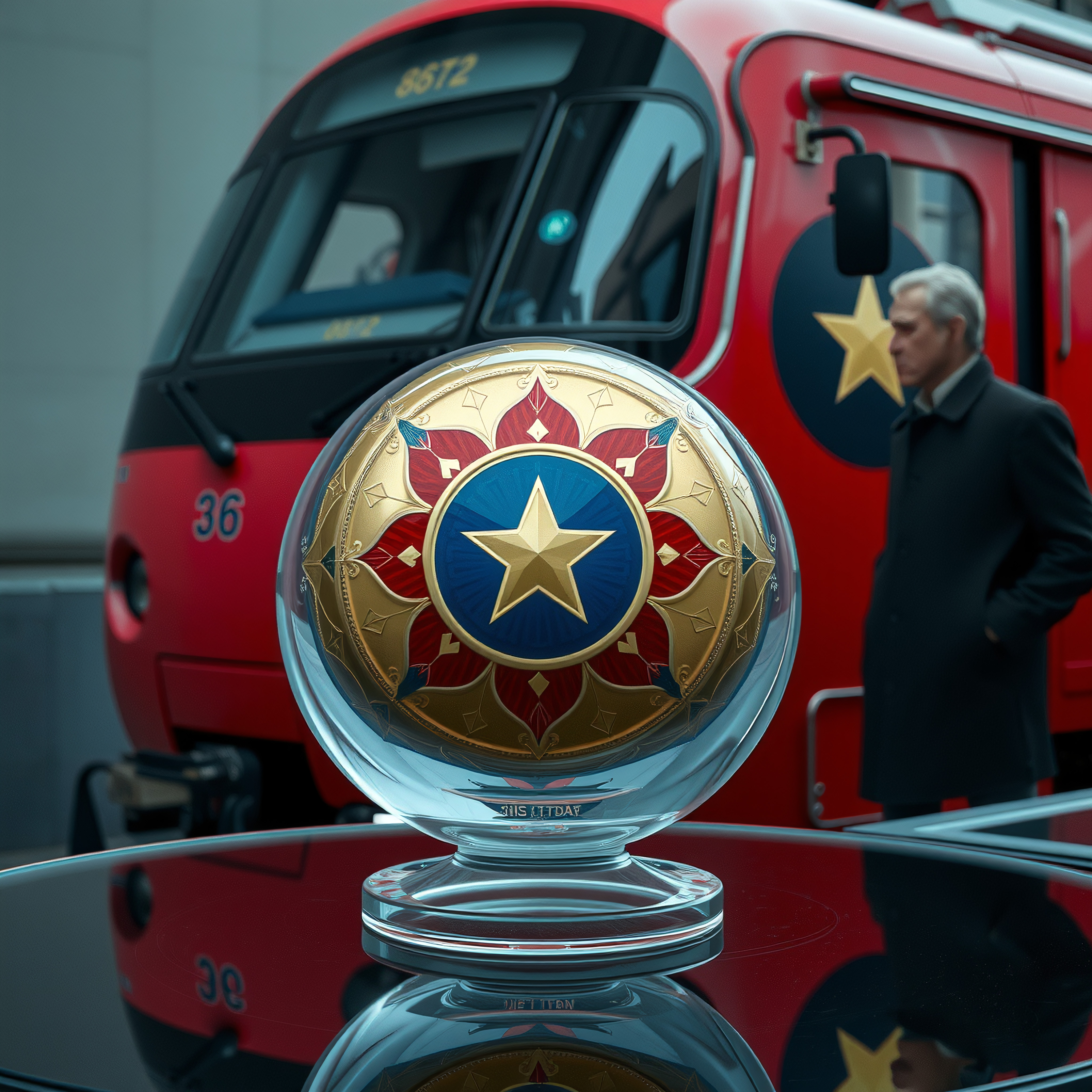 A glass-encased golden star sphere in front of a red train.