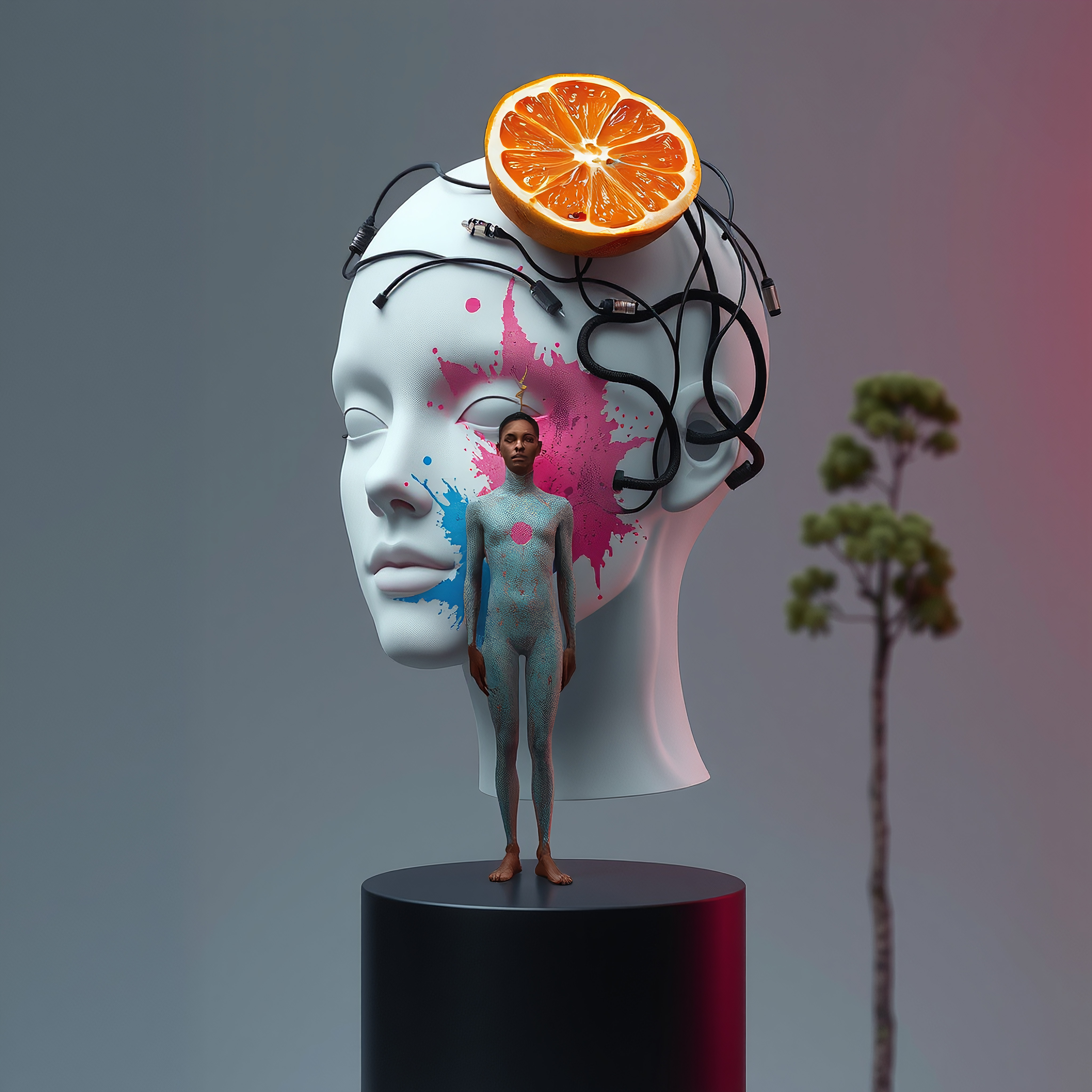 A surreal depiction of technology and nature with a painted mannequin head, cables, and human element.