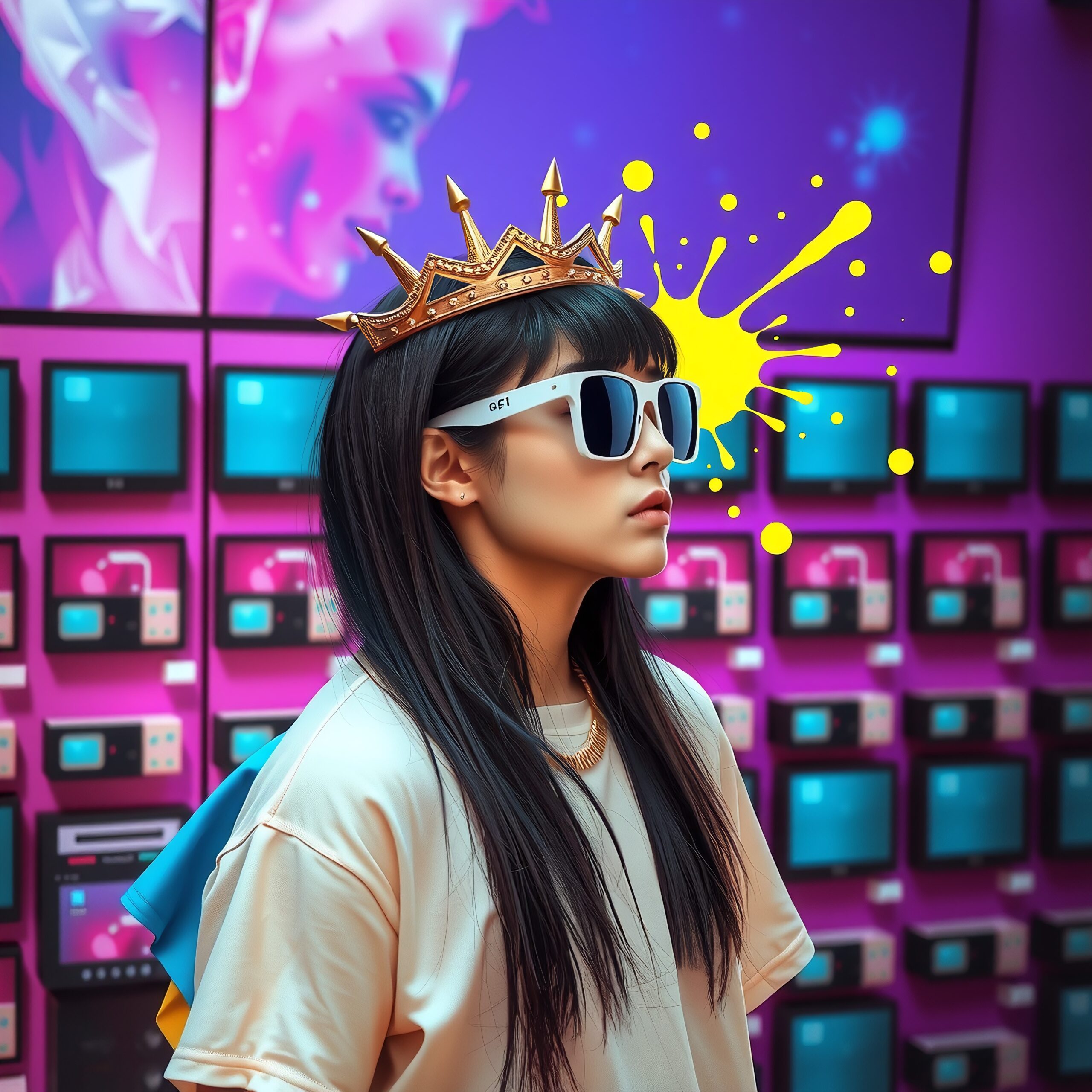 A stylish woman with a crown stands in a vibrant room of retro televisions and digital art.