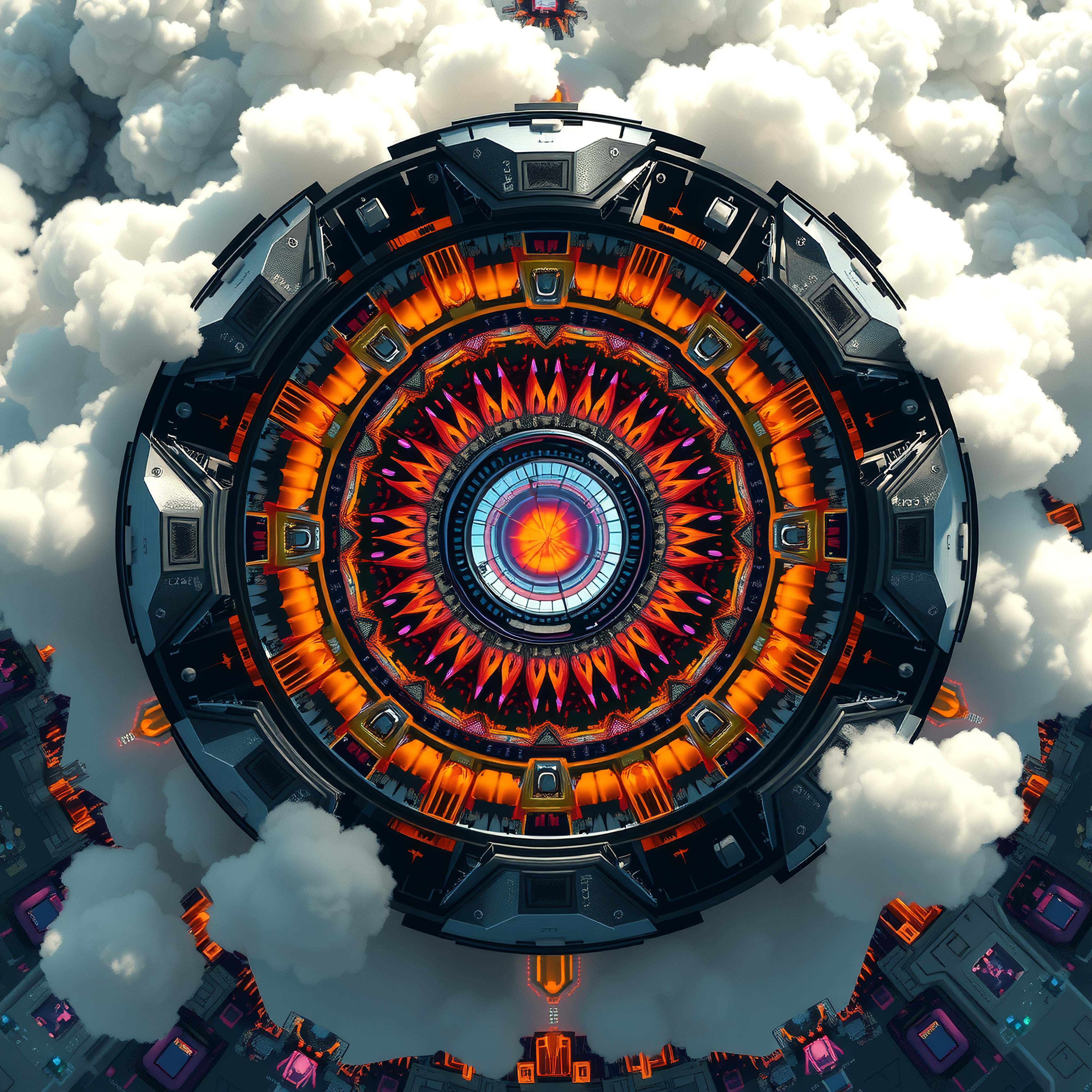 A vibrant, futuristic mandala above clouds.