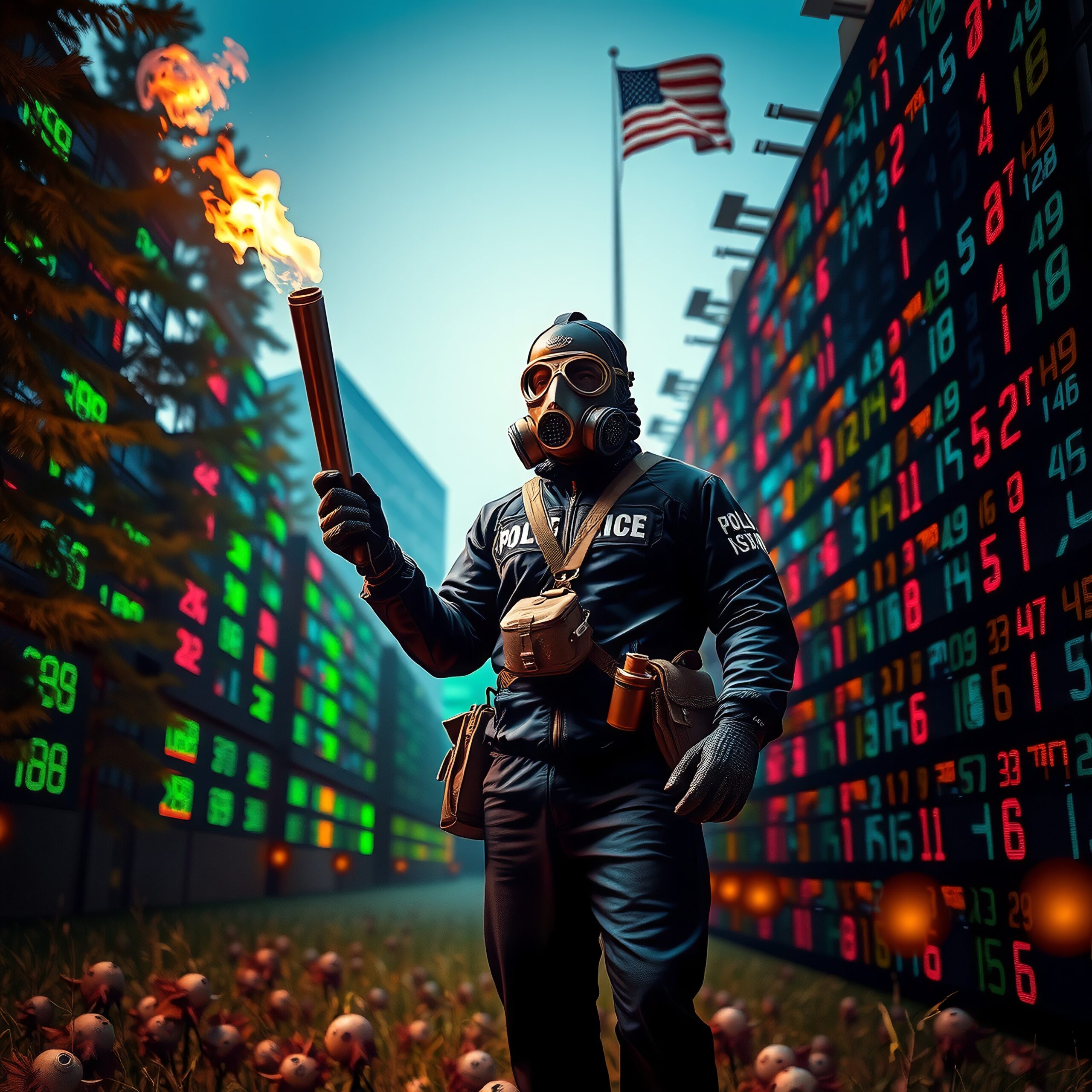A person in a gas mask holding a flair in front of tall digital screens with chaotic financial data, set against an American flag background in a dystopian scene.