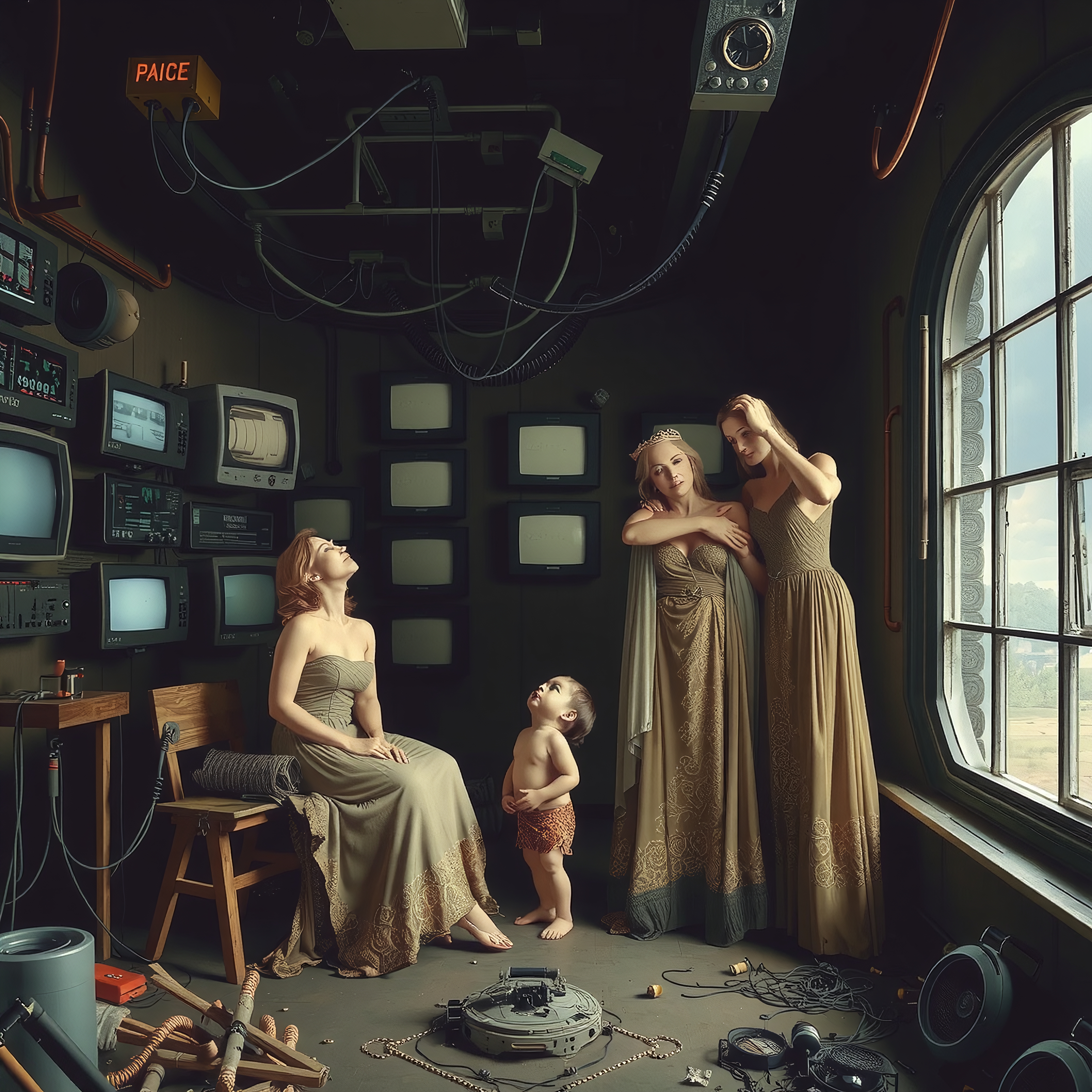 A room with vintage electronics and elegantly dressed figures.