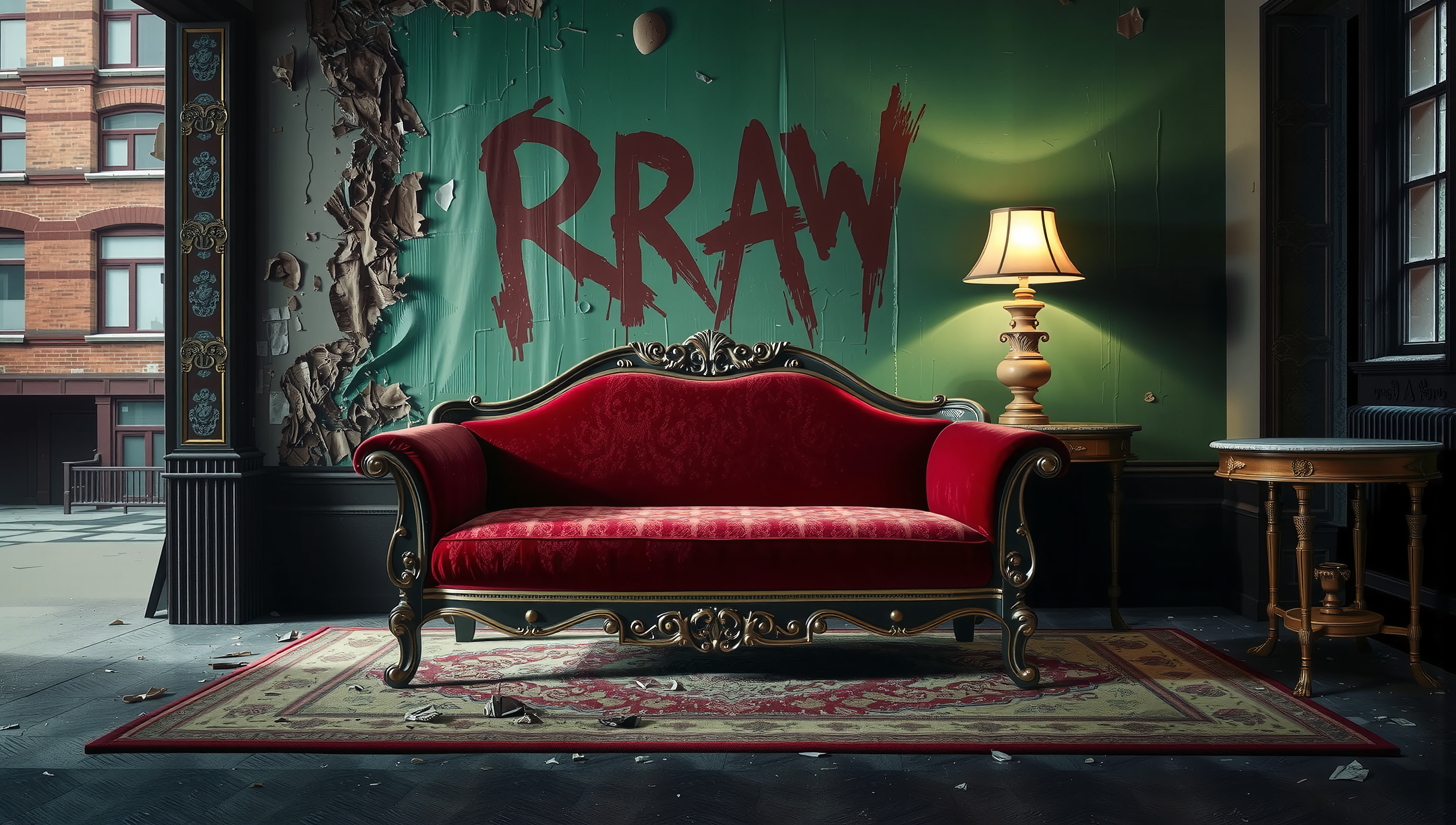 Luxurious room with red velvet sofa and ornate decor.