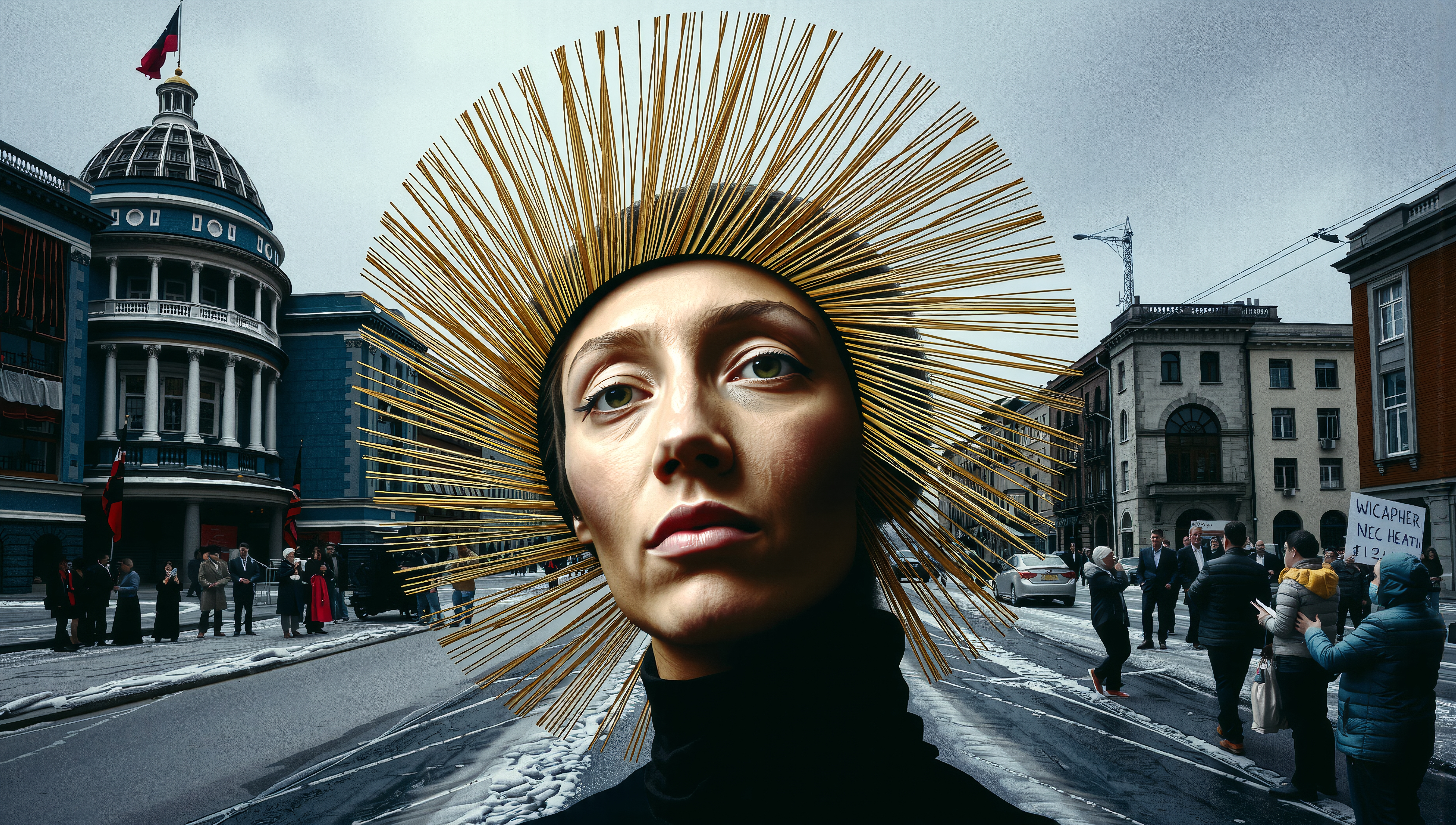 A person with a gold-spiked headdress stands on a city street with historic buildings and attending crowd.