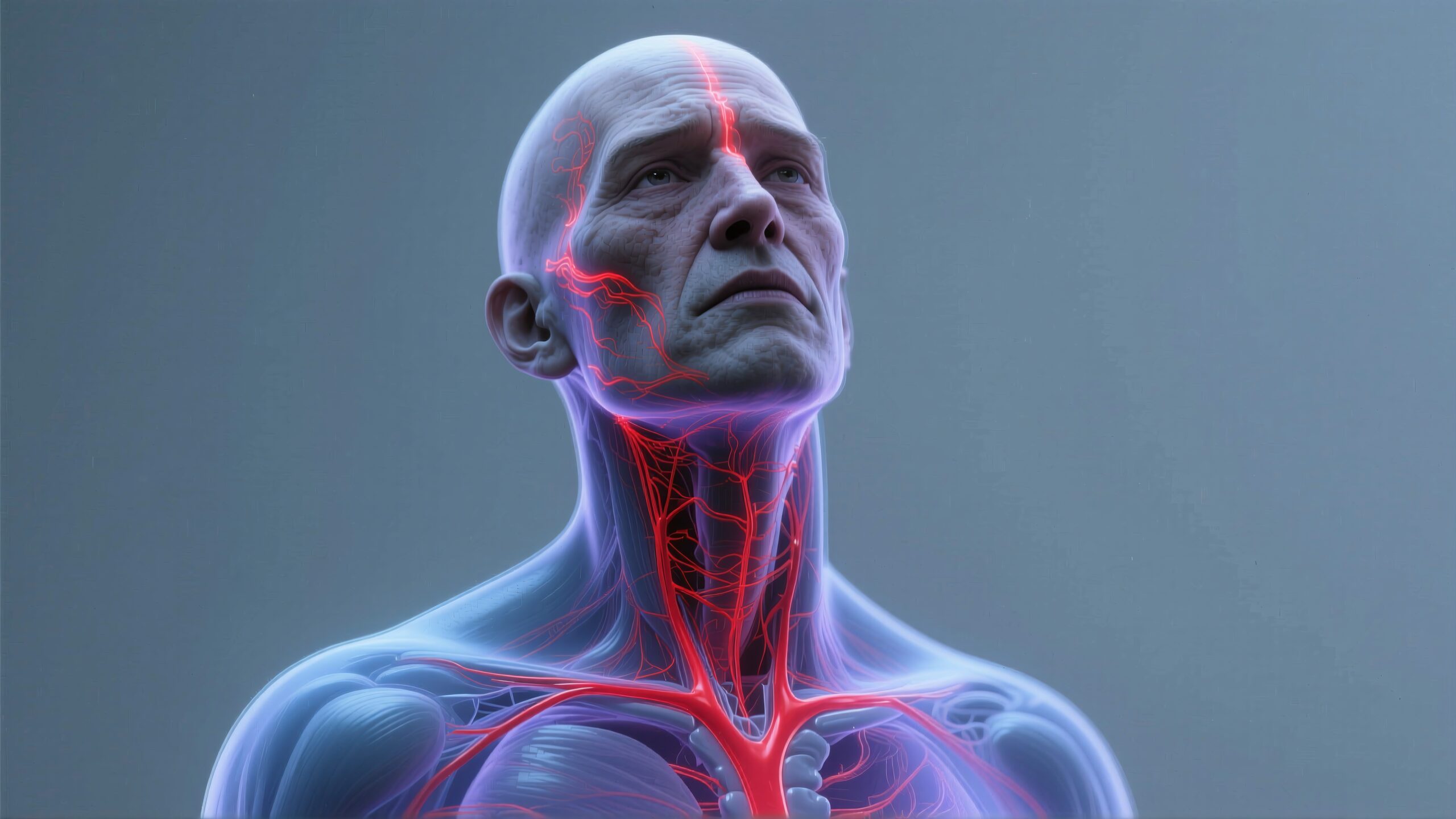 Illustration of an elderly man's detailed anatomy showcasing vibrant veins and arteries against a blue-toned body backdrop.