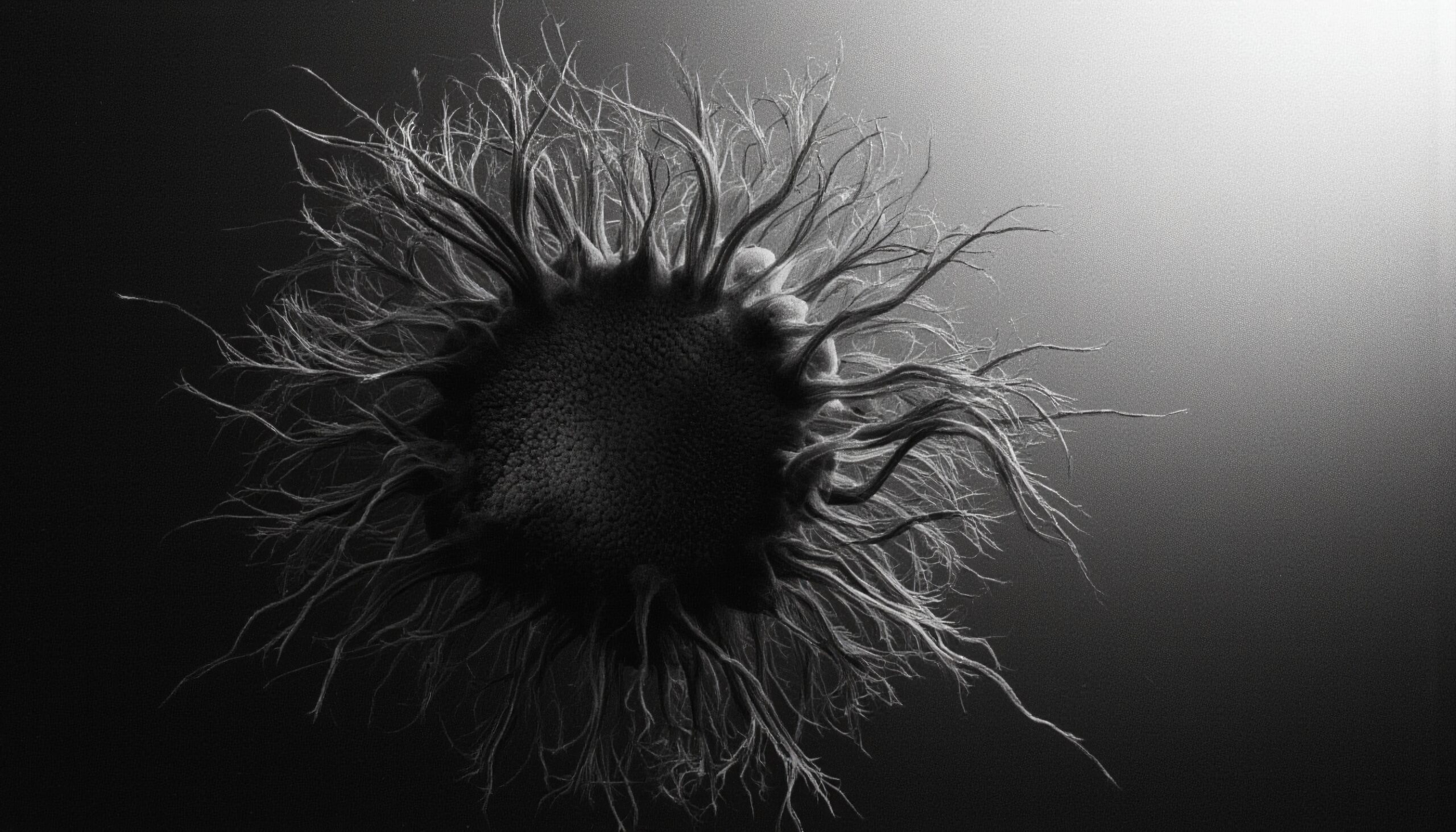 Monochrome sphere with radiating tentacles resembling alien sea creature in dark gradient background.