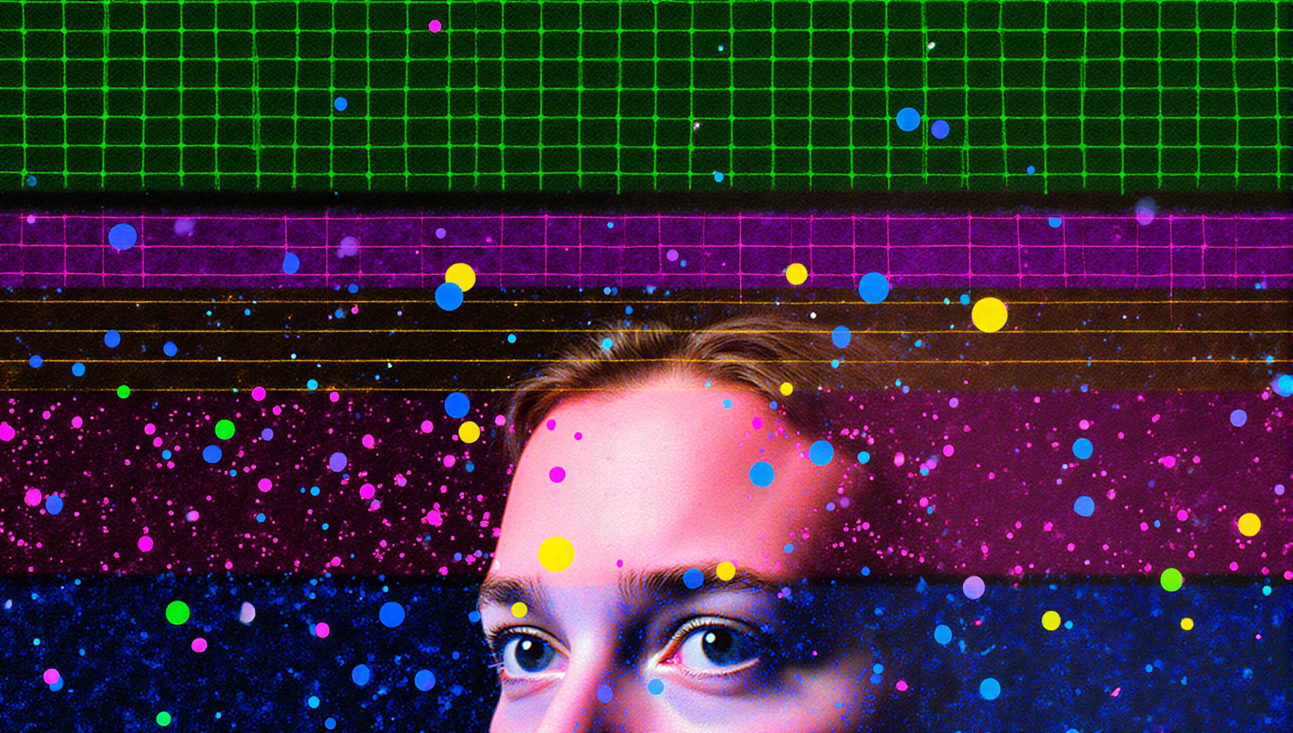 A person's face amidst colorful geometric and cosmic background.