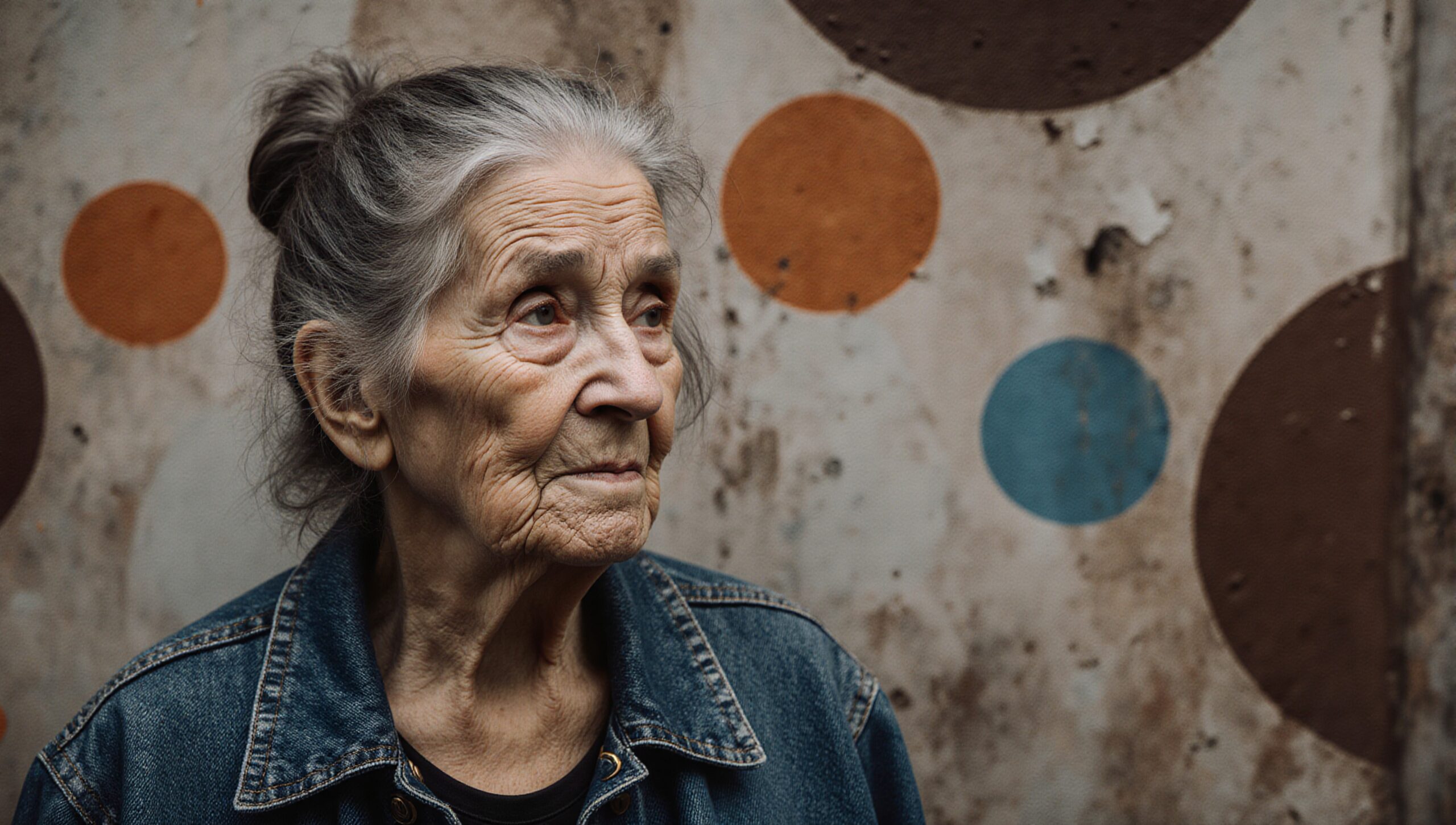 Elderly woman in denim, colorful circle background, introspective gaze.