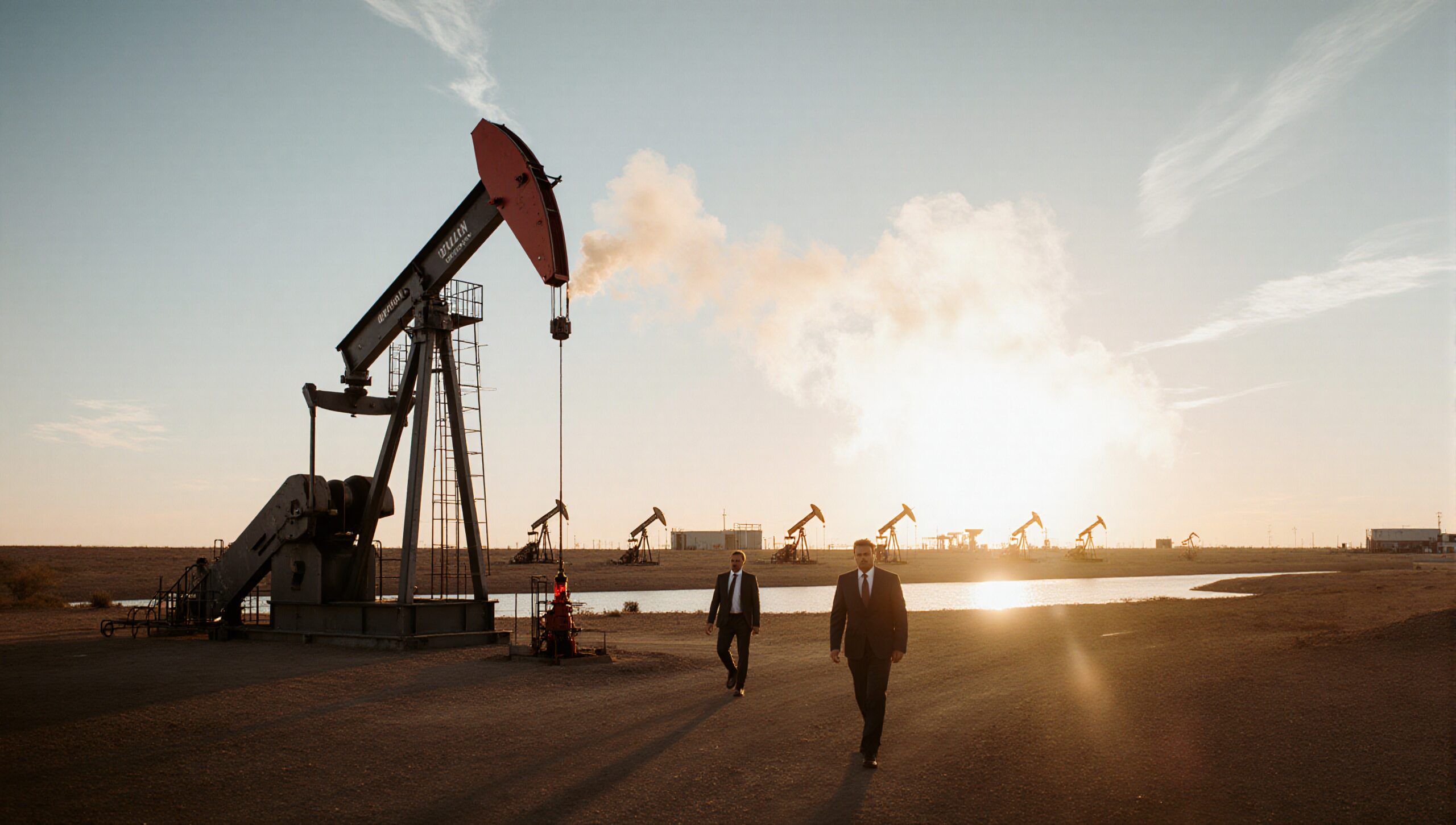 Oilfield at sunset with men walking by.