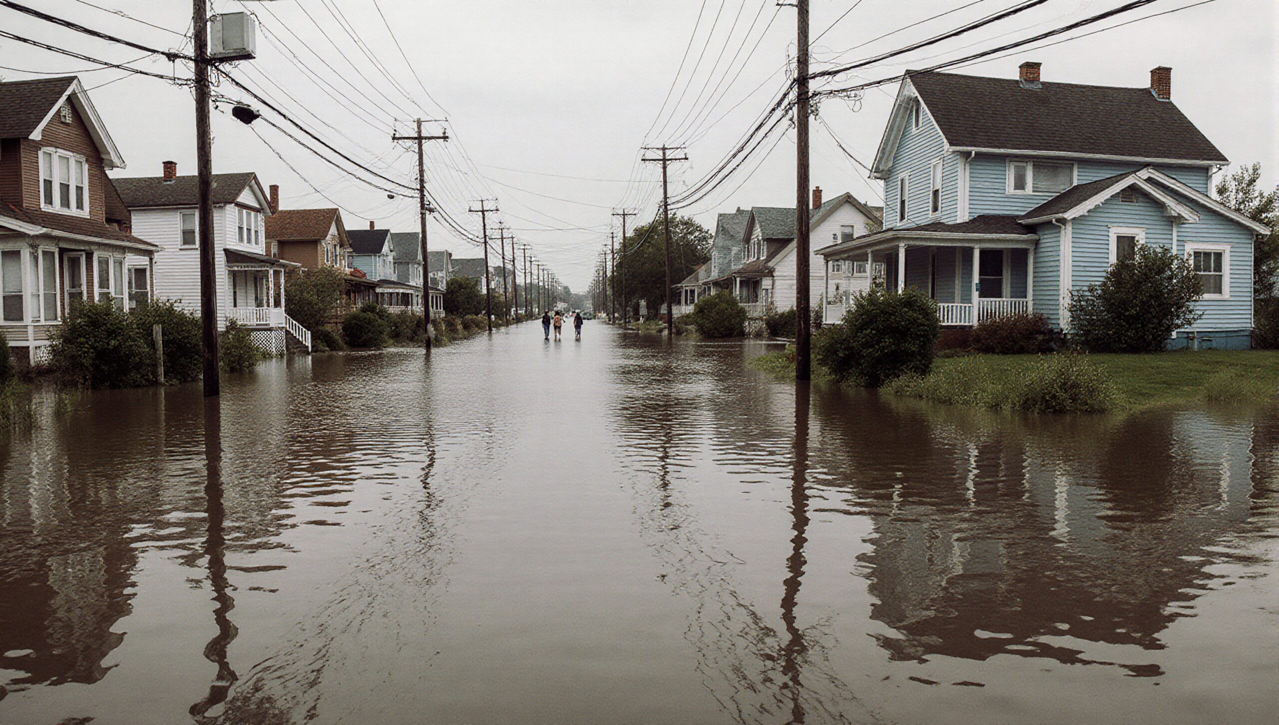 Flooded residential street with people.