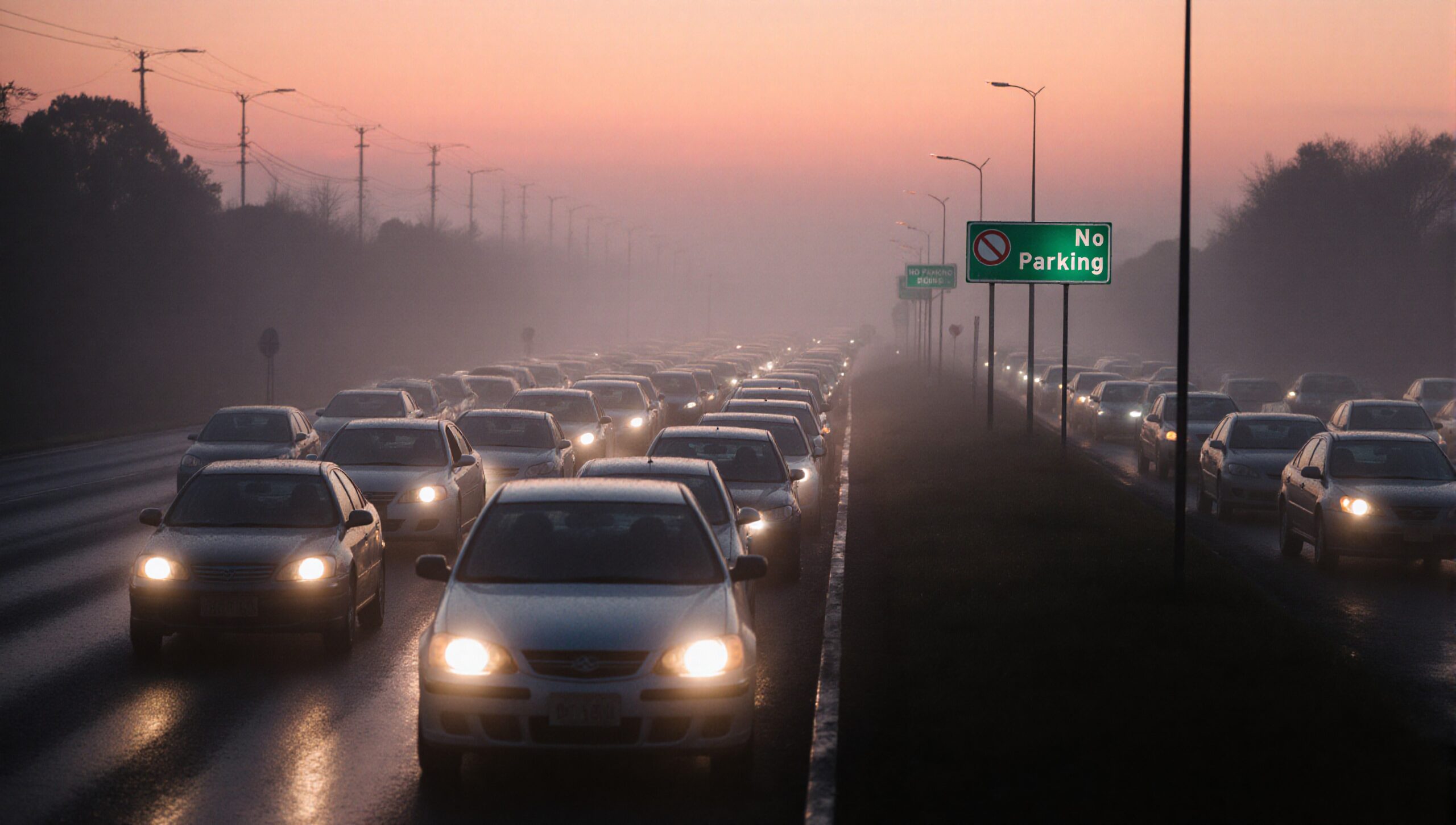 A traffic jam on a foggy road during dawn or dusk with cars' headlights on, under a softly colored sky and a "No Parking" sign visible.