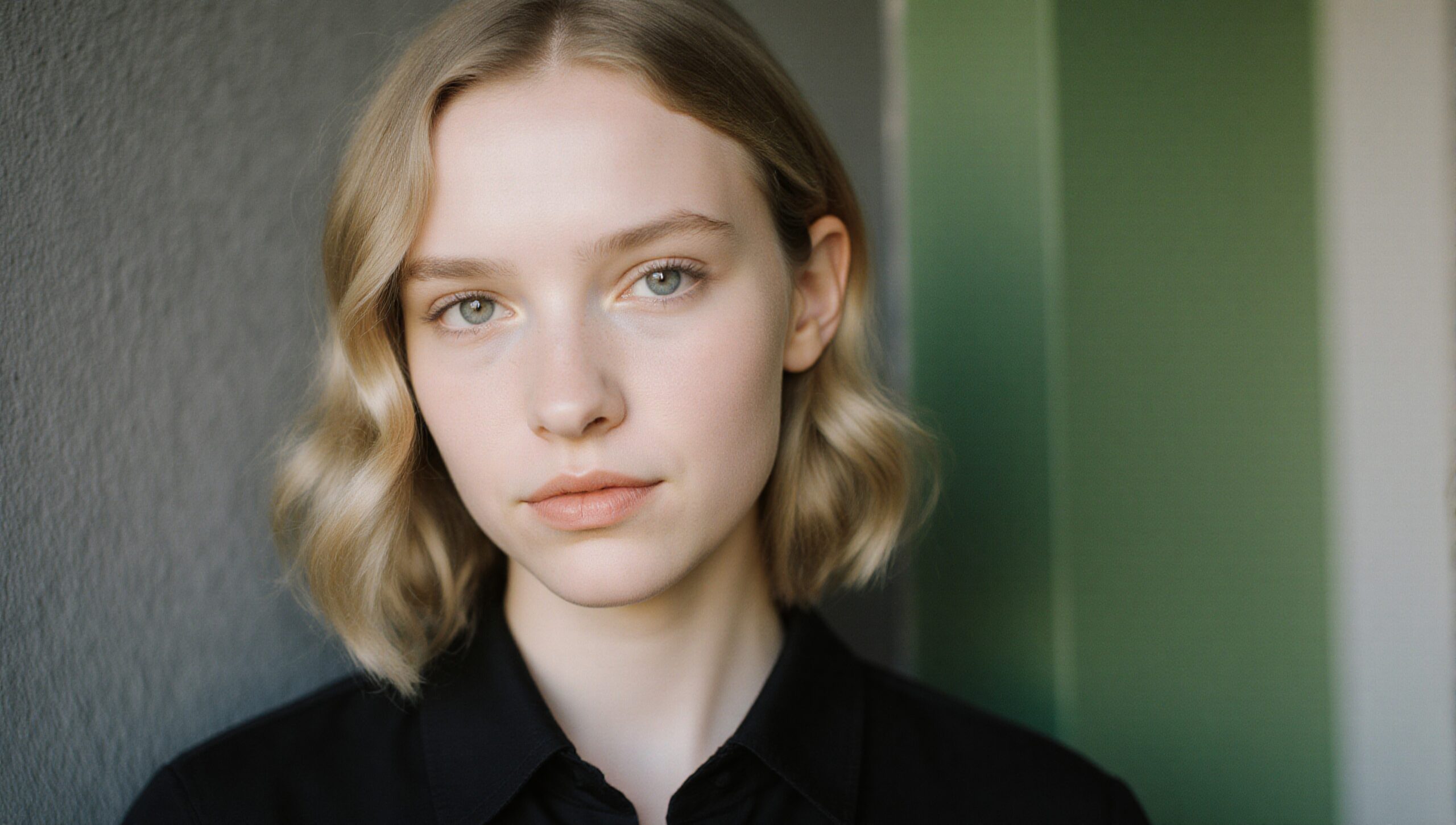 Young woman with soft waves, serene expression.