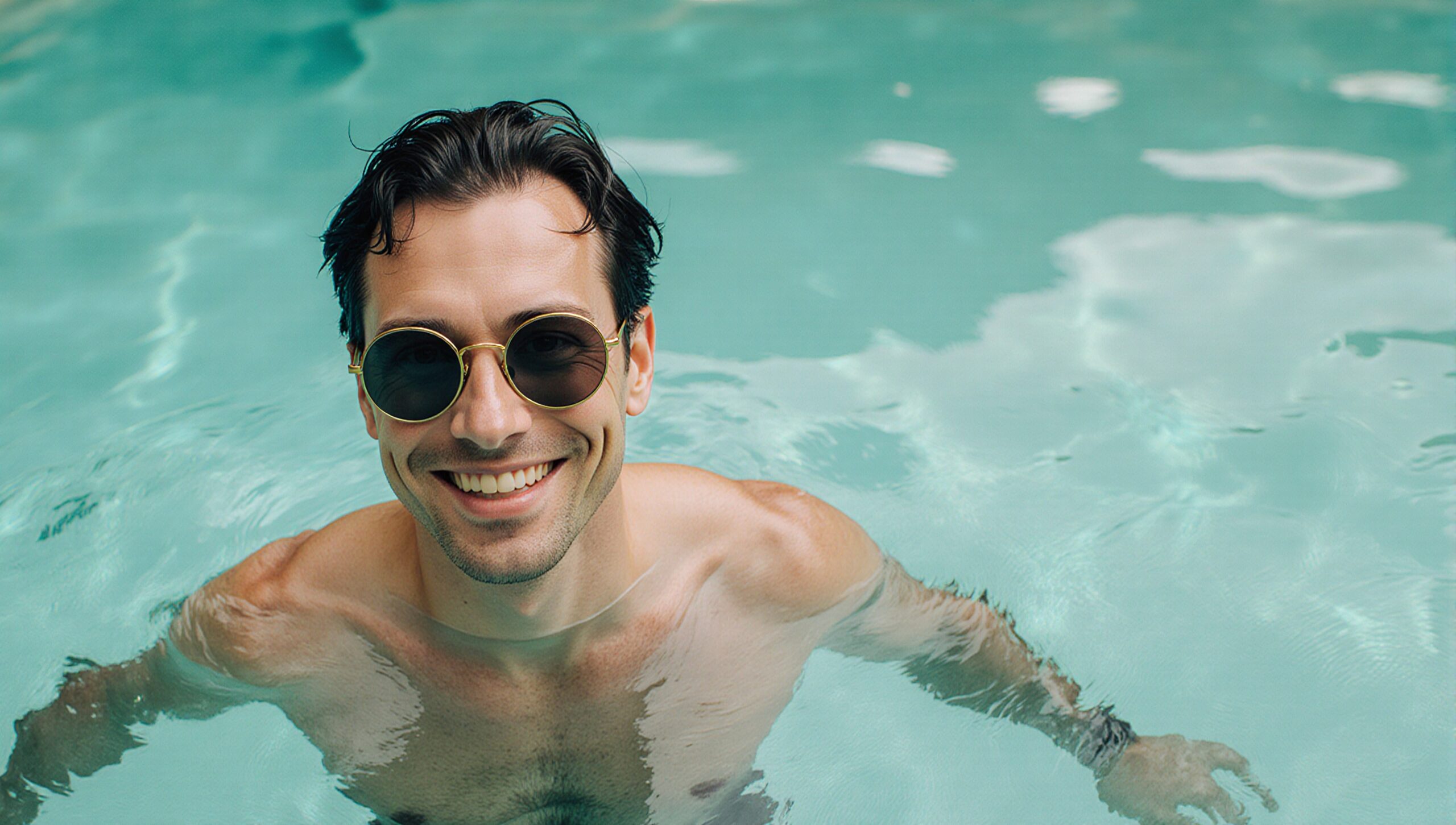 A smiling man in sunglasses enjoys swimming in a serene turquoise pool.