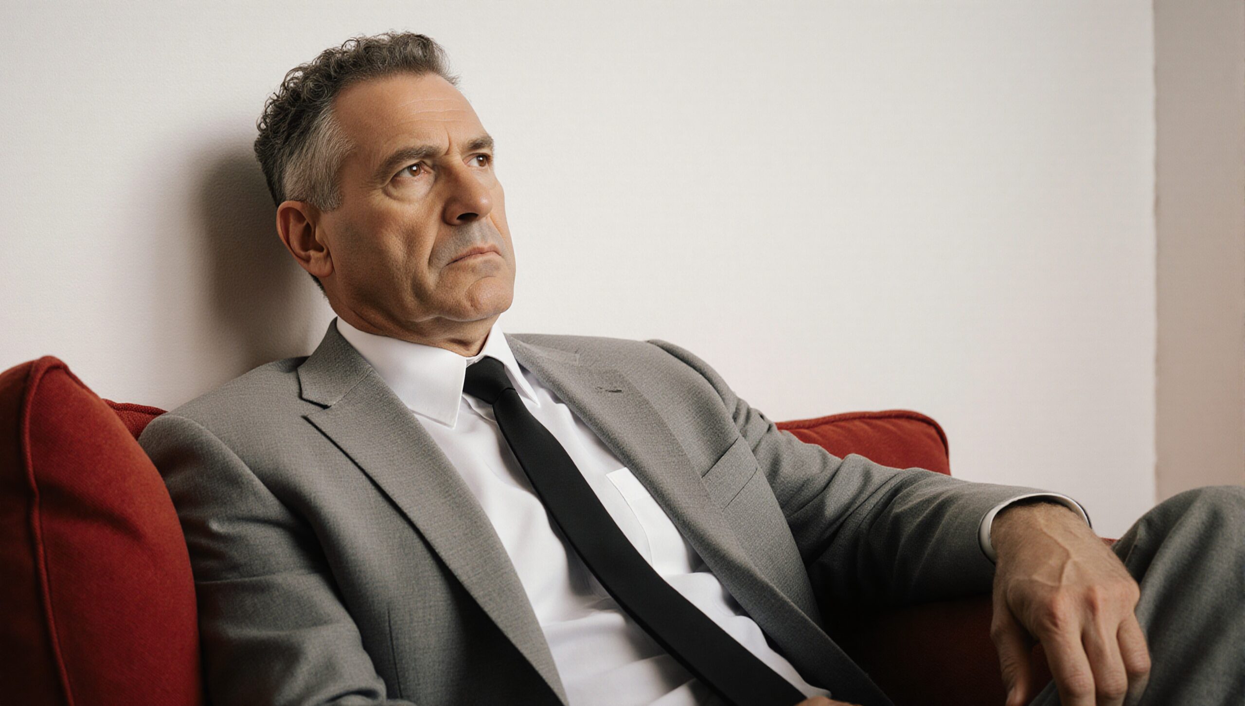Businessman in gray suit deep in thought on a red sofa.